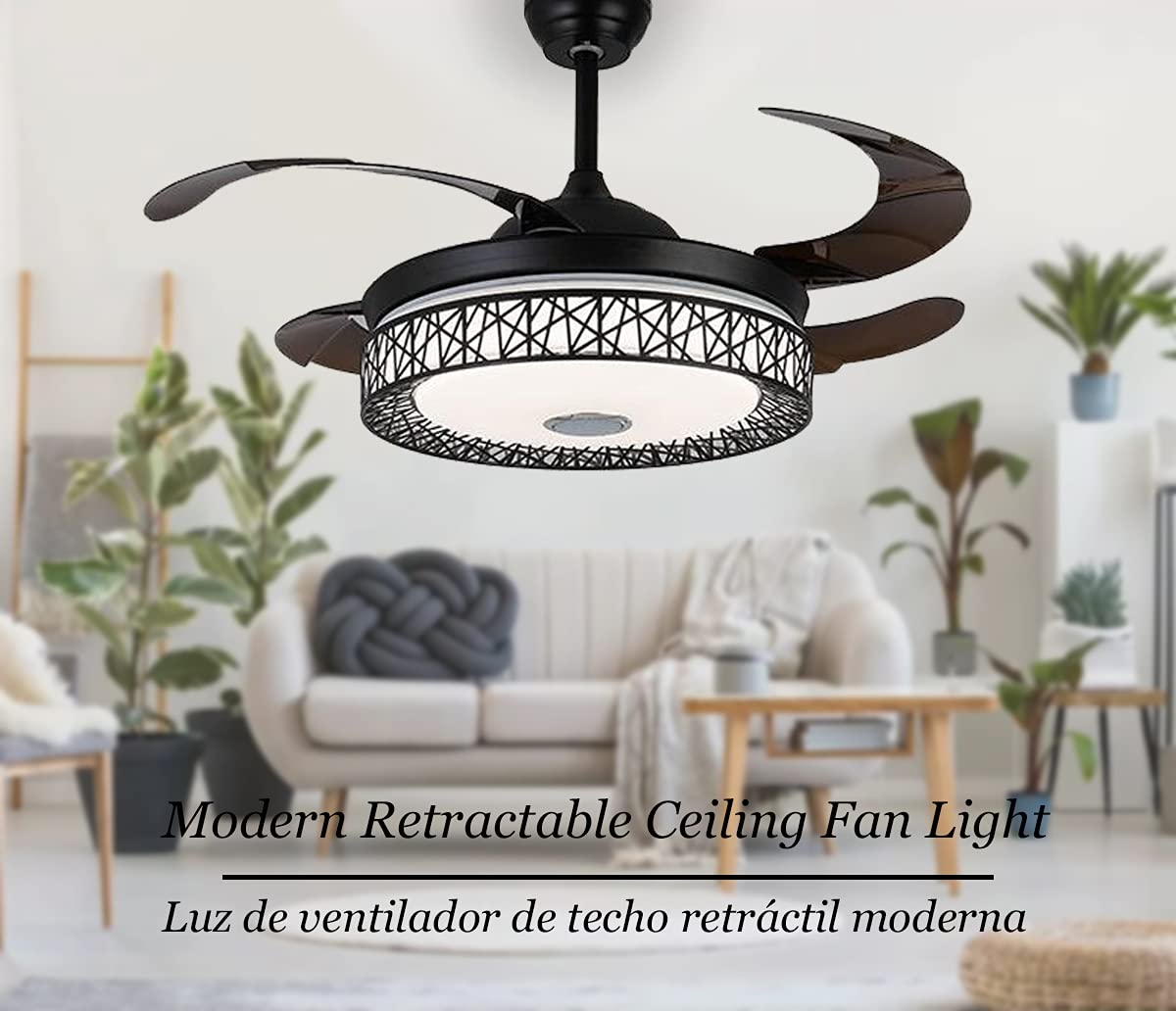Iammix 42” Modern Retractable Ceiling Fan Indoor Light and Remote Fan Chandelier Light Fixture, Bluetooth Music Player Dimmable Colors, Black Nest
