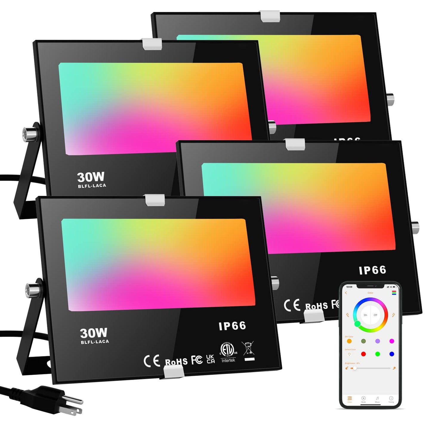 LED Flood Lights RGB Color Changing 300W Equivalent Outdoor, 30W Bluetooth Smart RGB Floodlight APP Control, IP66 Waterproof, Timing, 2700K&16 Million