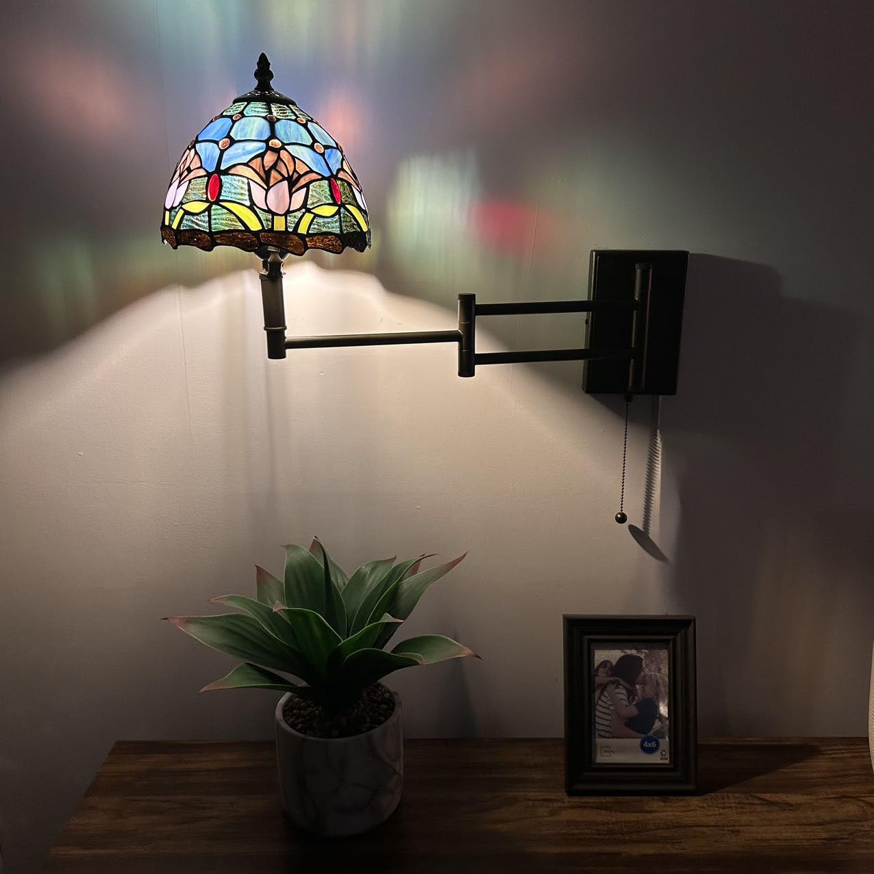 enjoy decor lamps Tiffany Sconce Lamp Swing Arm Blue Stained Glass Purple Tulips Pull Chain Switch LED Bulb Included for Bedroom Living Room