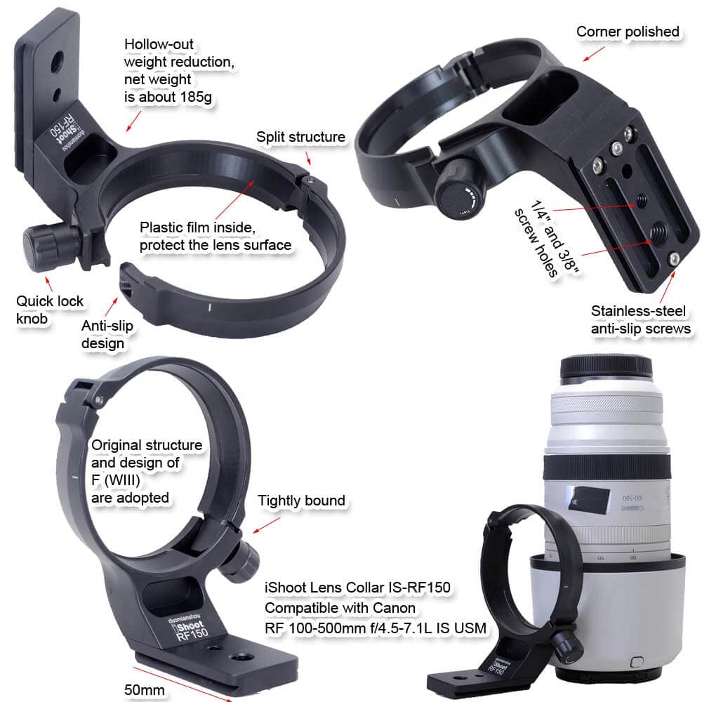 iShoot Metal Lens Collar Tripod Mount Ring Compatible with Canon RF 100-500mm f/4.5-7.1L is USM, Lens Support Holder Bracket Bottom is Arca-Swiss Fit