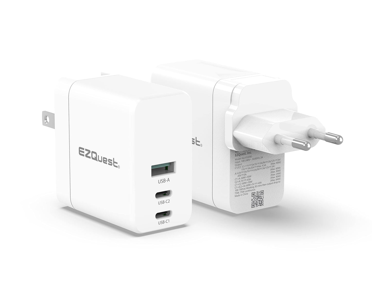 EZQuest 90W USB C Charger - 2X USB-C, 1X USB-A Port, with 2 Meter Cable - Fast Charging Block PD - GAN Charger Wall - EU Converter Compatible