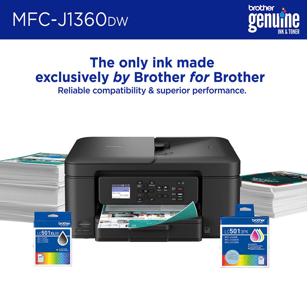 Brother Work Smart 1360 Wireless Color Inkjet All-in-One Printer Bundle with 3-Pack High Yield Color Ink Cartridges (Cyan/Magenta/Yellow) + Twin Pack