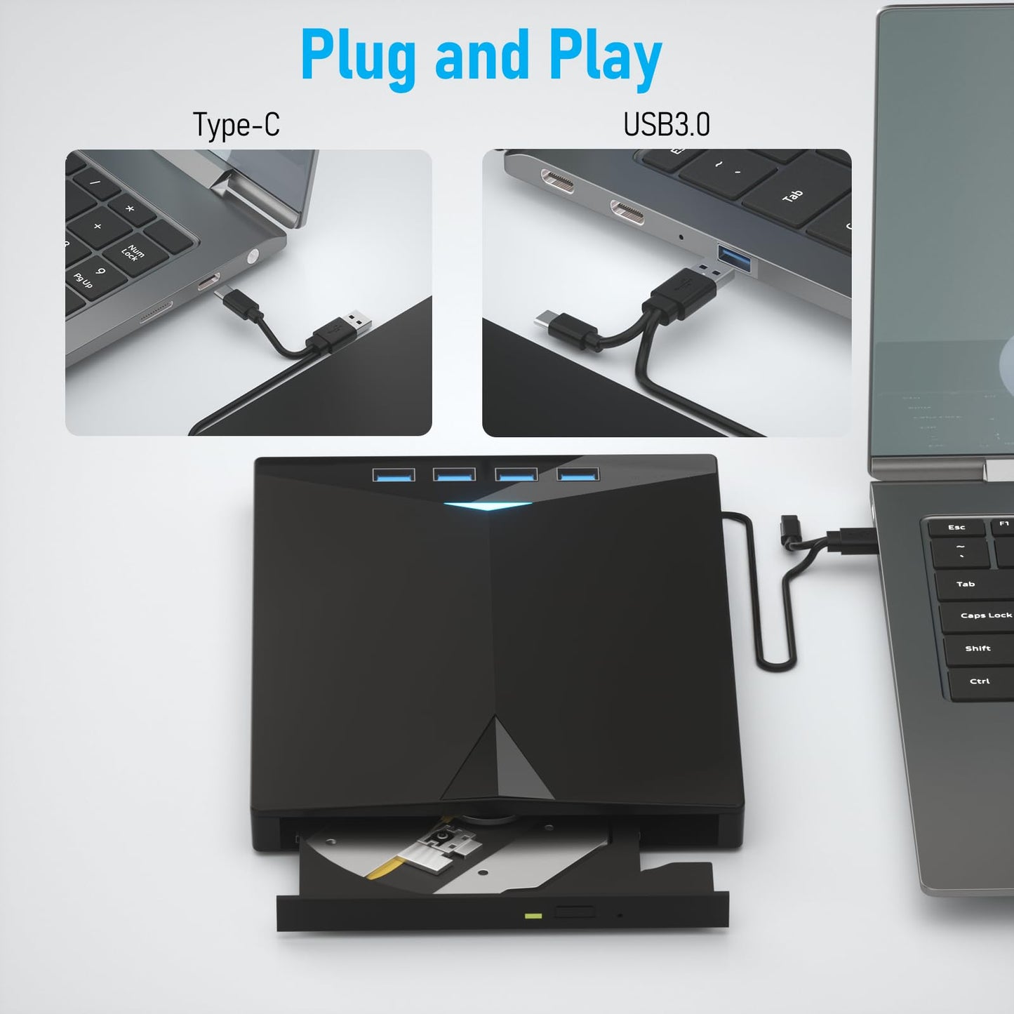 External CD/DVD Drive for PC, Portable 7 in1 USB 3.0 CD Drive External Usb, CD Reader for PC CD Burner with 4 USB Ports and TF/SD Card Slots, External