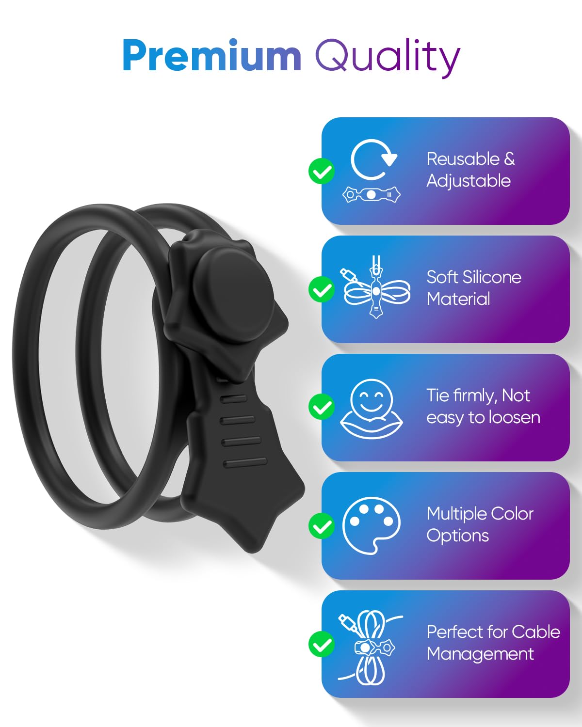Quick Bind-Silicone Cable Ties Reusable, Cord Organizer for Charging Cables, Data Cables & Computer Wires, Multipurpose Elastic Cable Management