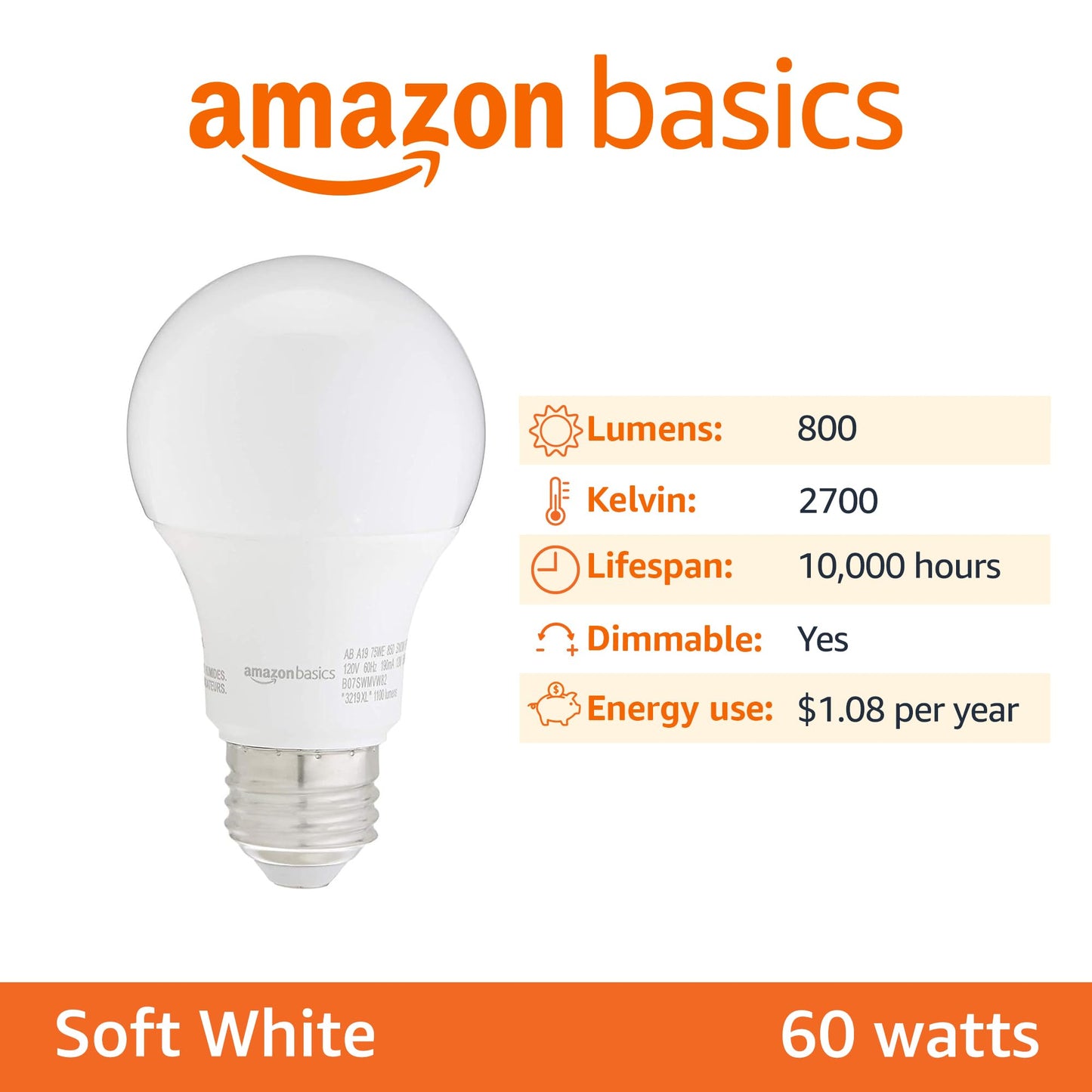 Amazon Basics A19 LED Light Bulbs, 60W Equivalent, 9W Energy Efficient, E26 Standard Base, Soft White 2700K, Dimmable, 10,000 Hour Lifetime, 16-Pack
