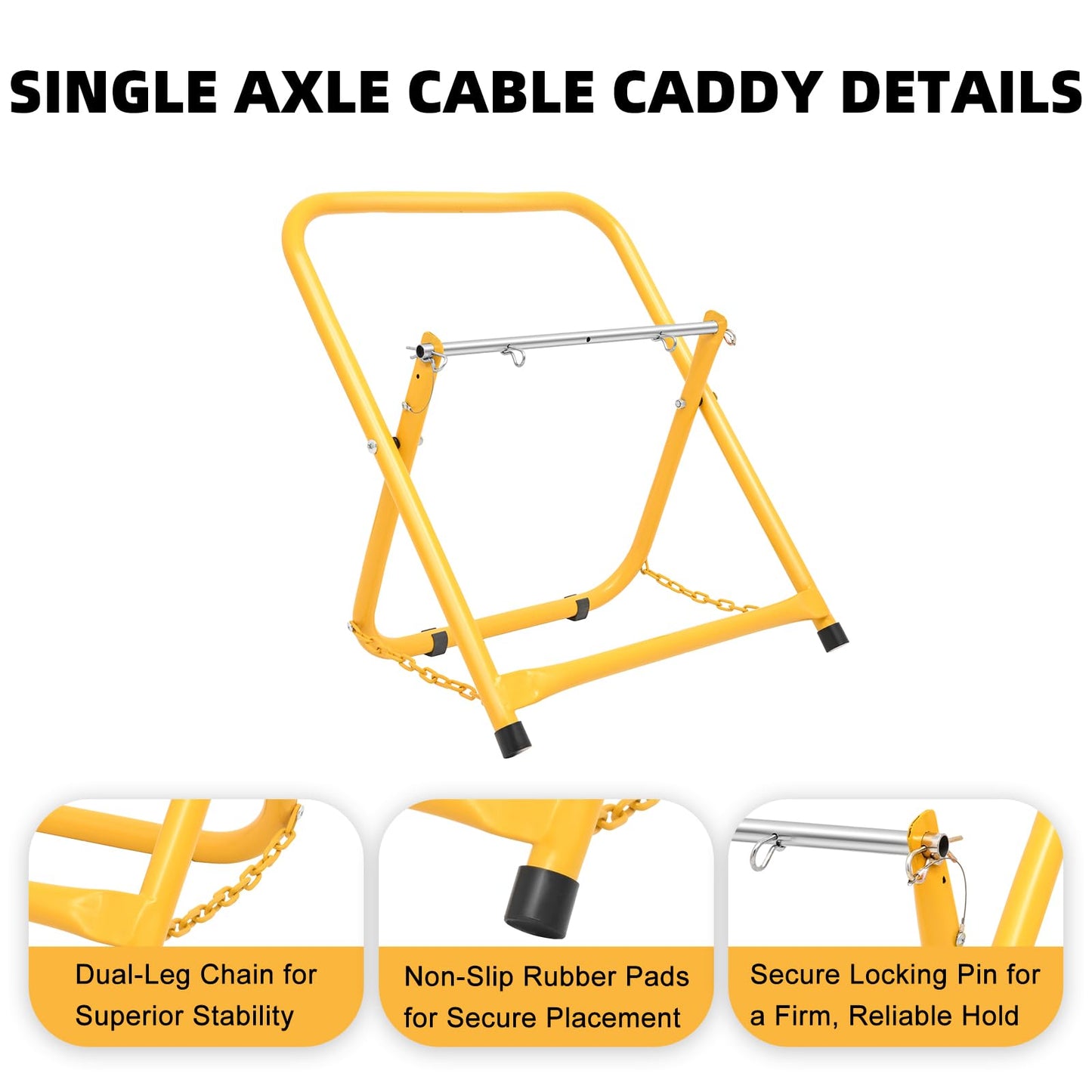 Single Axle Cable Caddy, Portable Wire/Spool Dispenser for Reels up to 20" Diameter & 100 lb Capacity, for Electrical & Industrial Use, Yellow