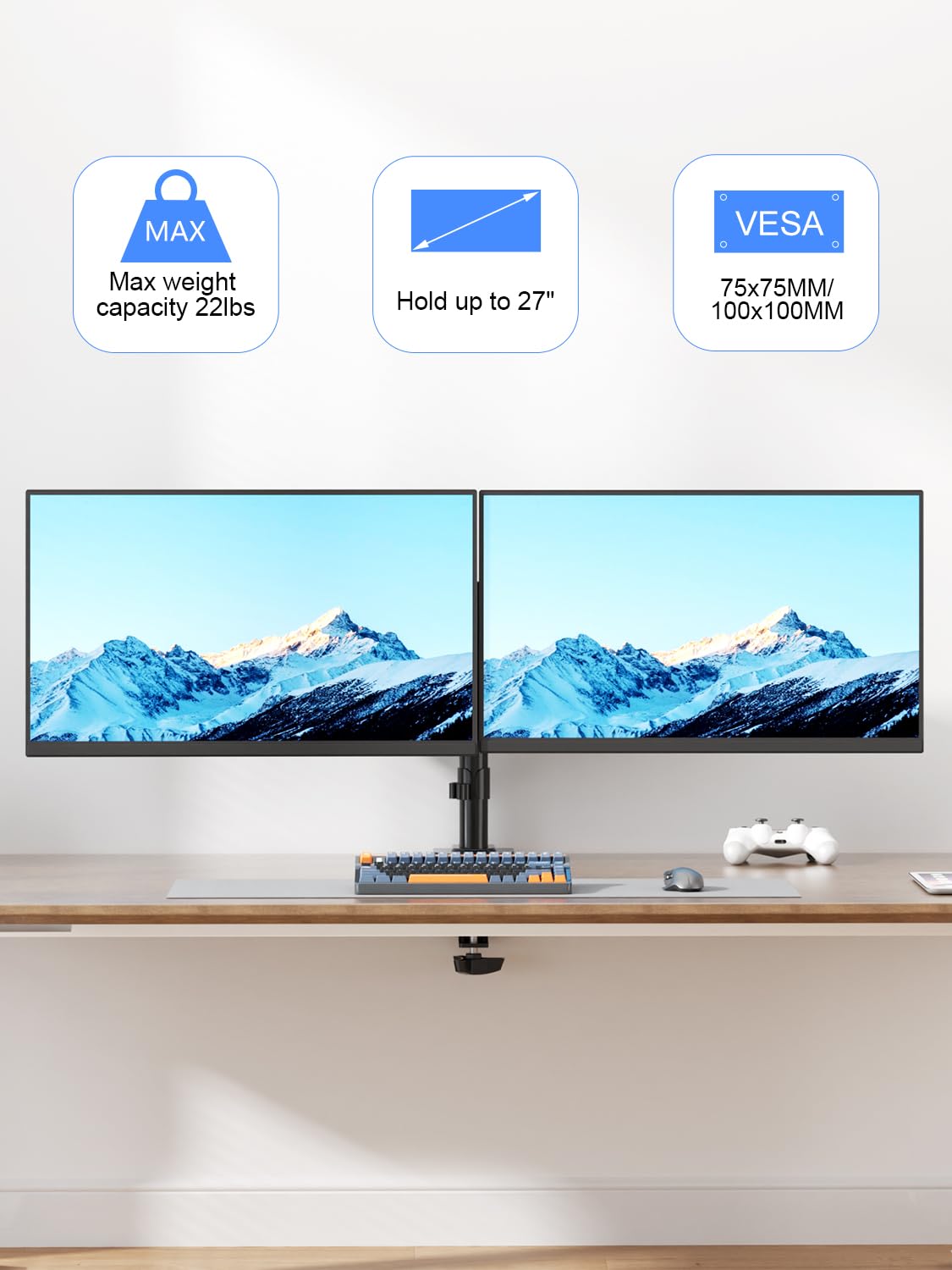 Suptek Dual Monitor Desk Mount, Adjustable Dual Monitor Arm for 2 Computer Screens up to 27 inch, Dual Gas Spring Monitor Arm, Holds up to 22 lbs