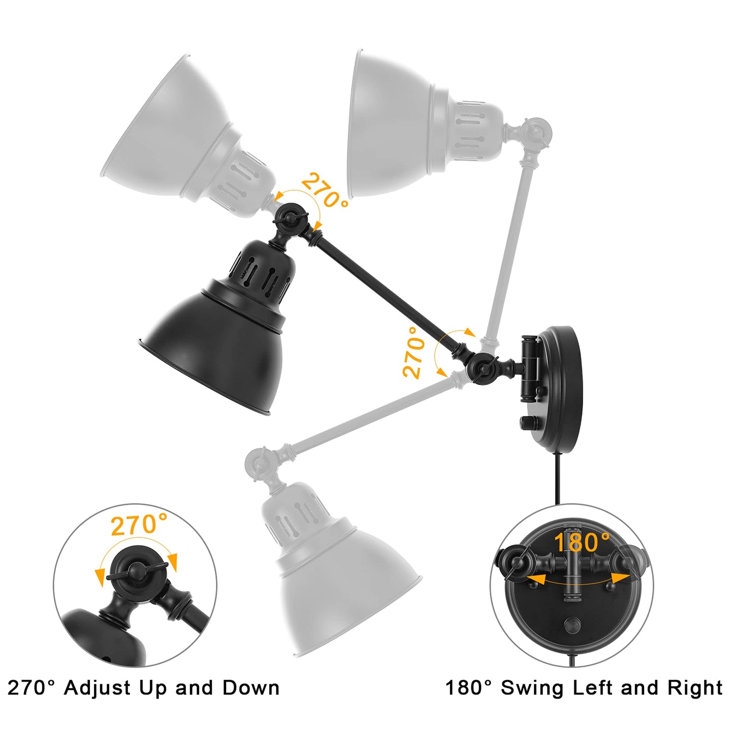 GOODATE Plug in Wall Sconces, Wall Sconce Lighting with Dimmable On Off Switch, Swing Arm Wall Lamp, Black Metal Industrial Wall Light Fixtures