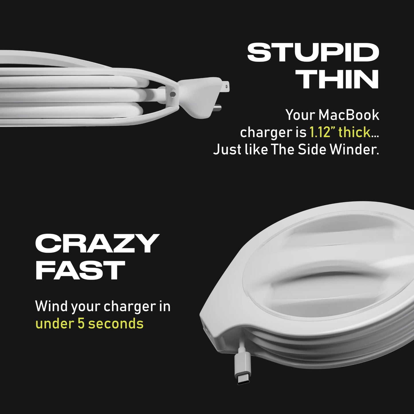 Fuse Reel Side Winder MacBook Charger Organizer Compatible with USB-C and MagSafe Apple Adapter - Travel Essential and Desk Cord Case and Cable