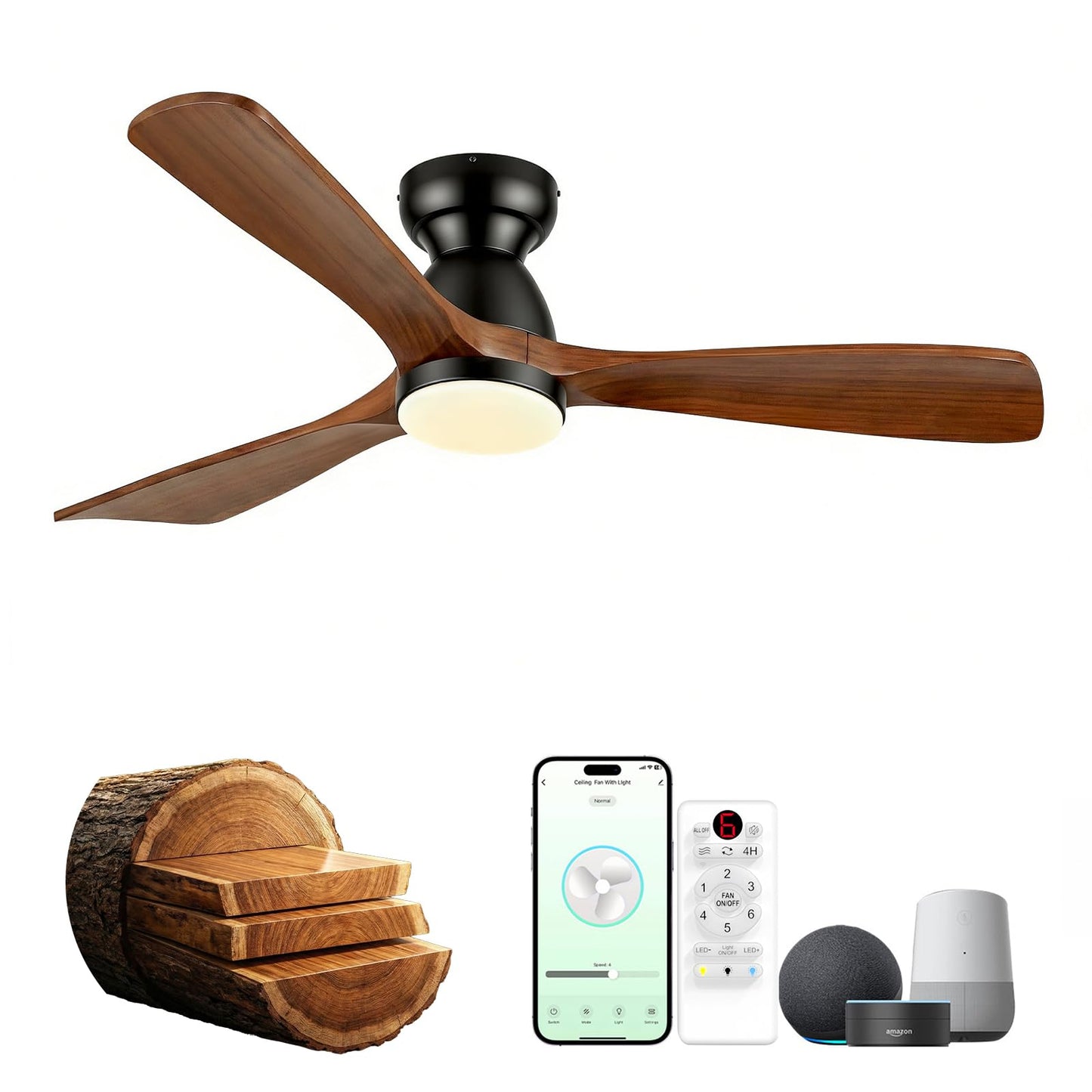 52in Smart Flush Mount Ceiling Fans with Lights,Outdoor Low Profile Wood Ceiling Fan Quiet DC Motor,Work with Alexa/Gg Voice