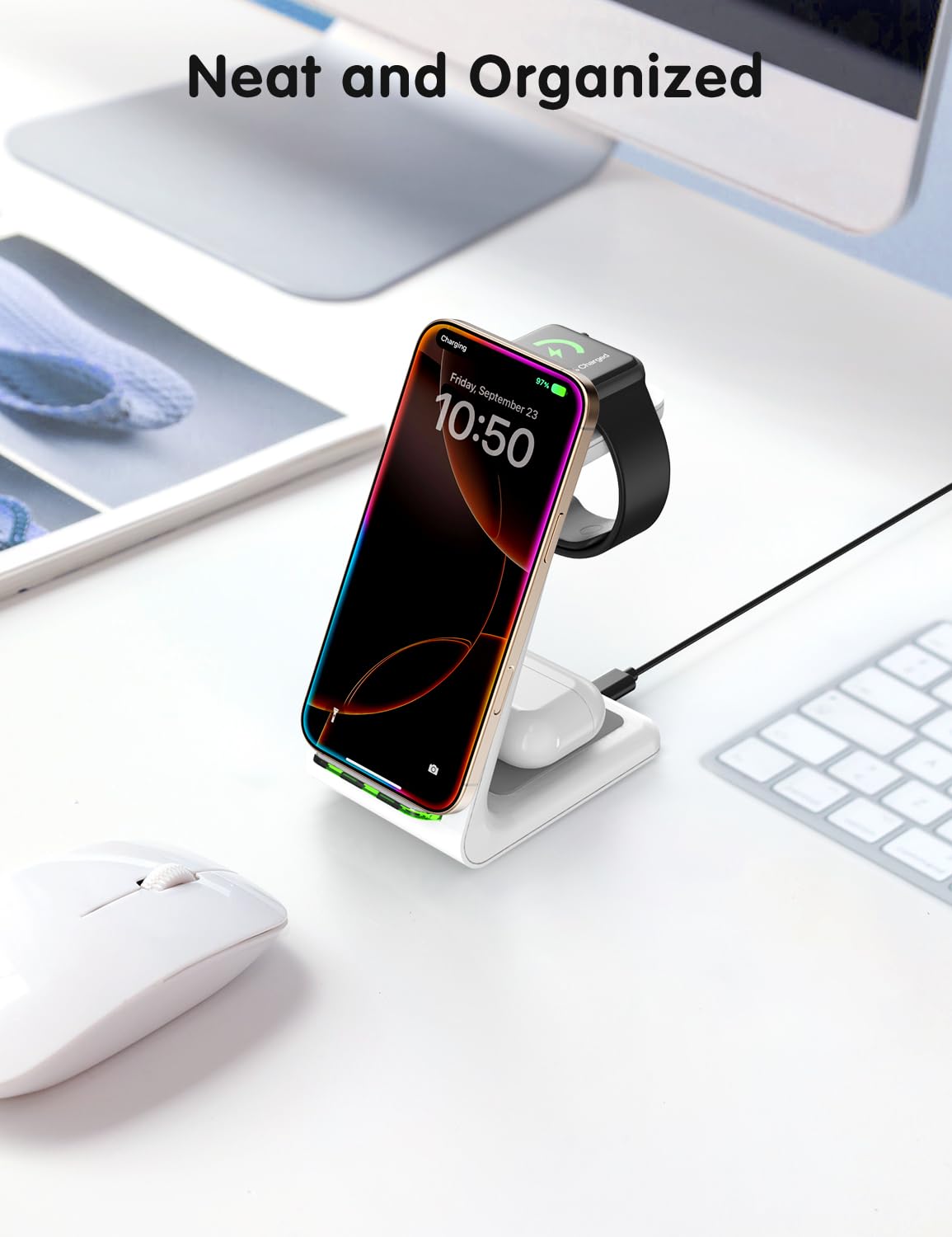 Charging Station for iPhone and Apple Watch: 3 in 1 Wireless Phone Charger Stand for iPhone 17 16 15 14 13 12 11 Pro Max & AirPods, Bedside Nightstand
