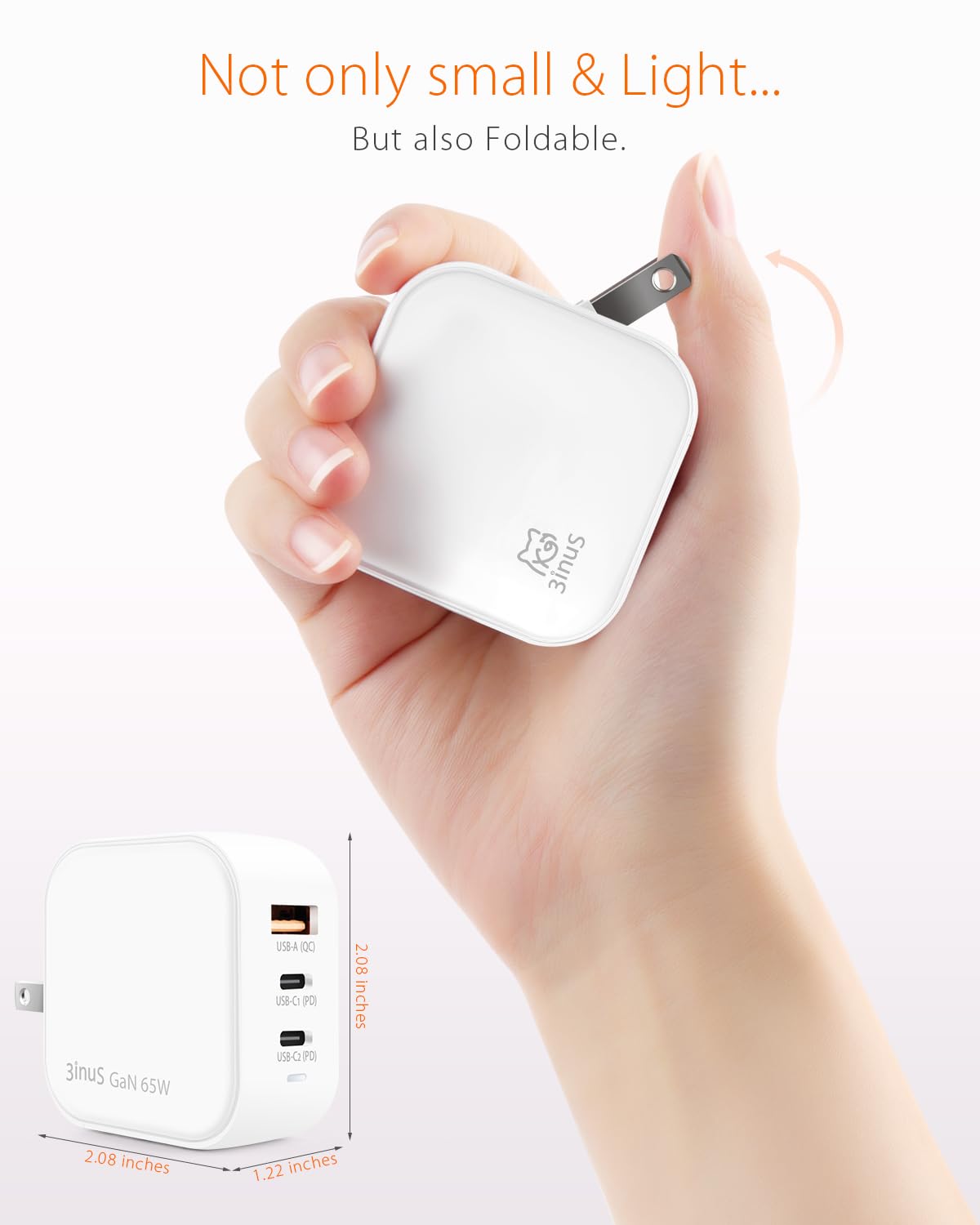 3inuS 65W GaN USB C Charger Block, 3-Port Portable Fast Wall Charger with Foldable Plug & Travel Adapters, Fast Charging Station for iPhone 17/16/15
