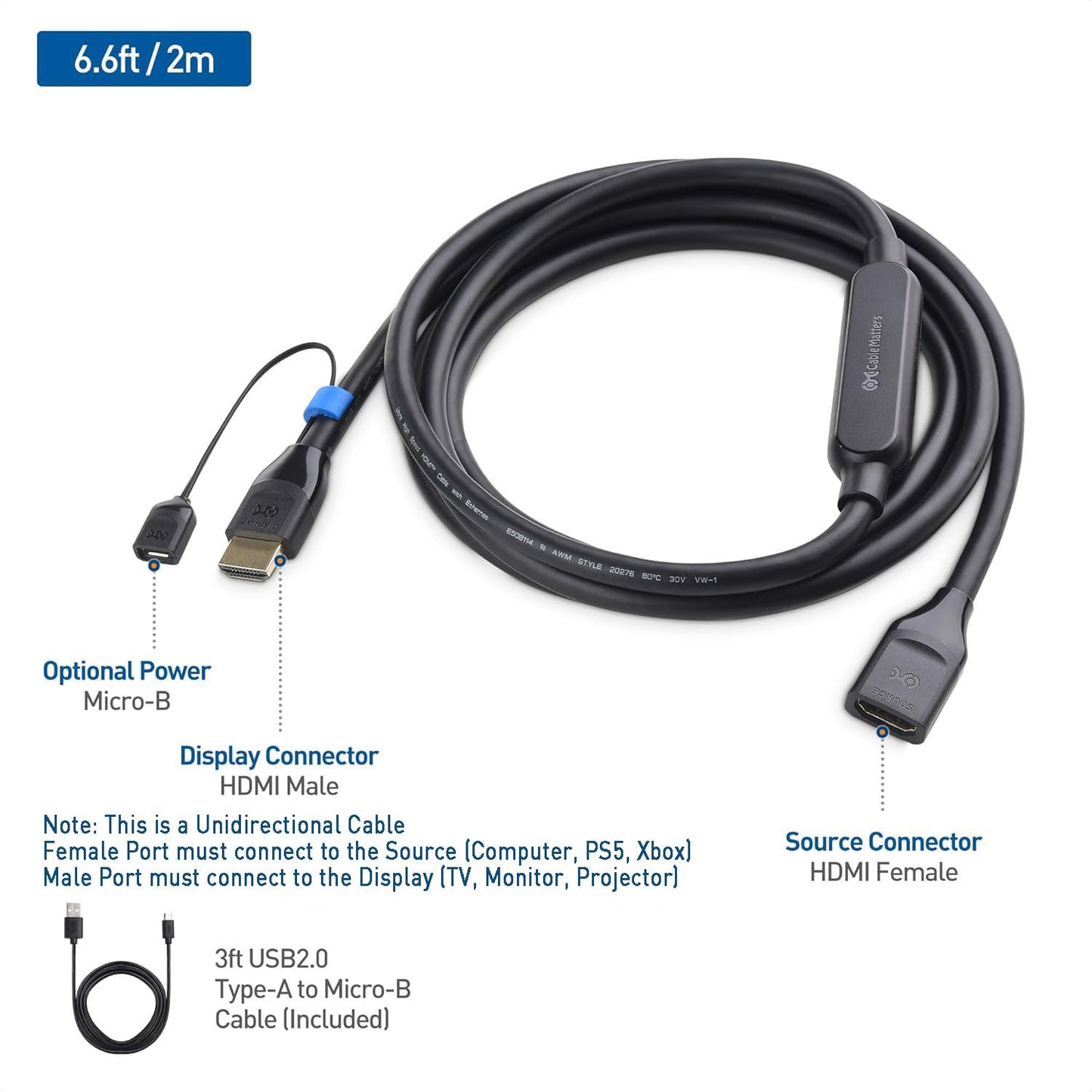 Cable Matters Unidirectional 8K HDMI Extension Cable 6.6 ft / 2m (Male to Female HDMI Extender Cable) with 8K@60Hz, 4K@240Hz and HDR Support for PS5