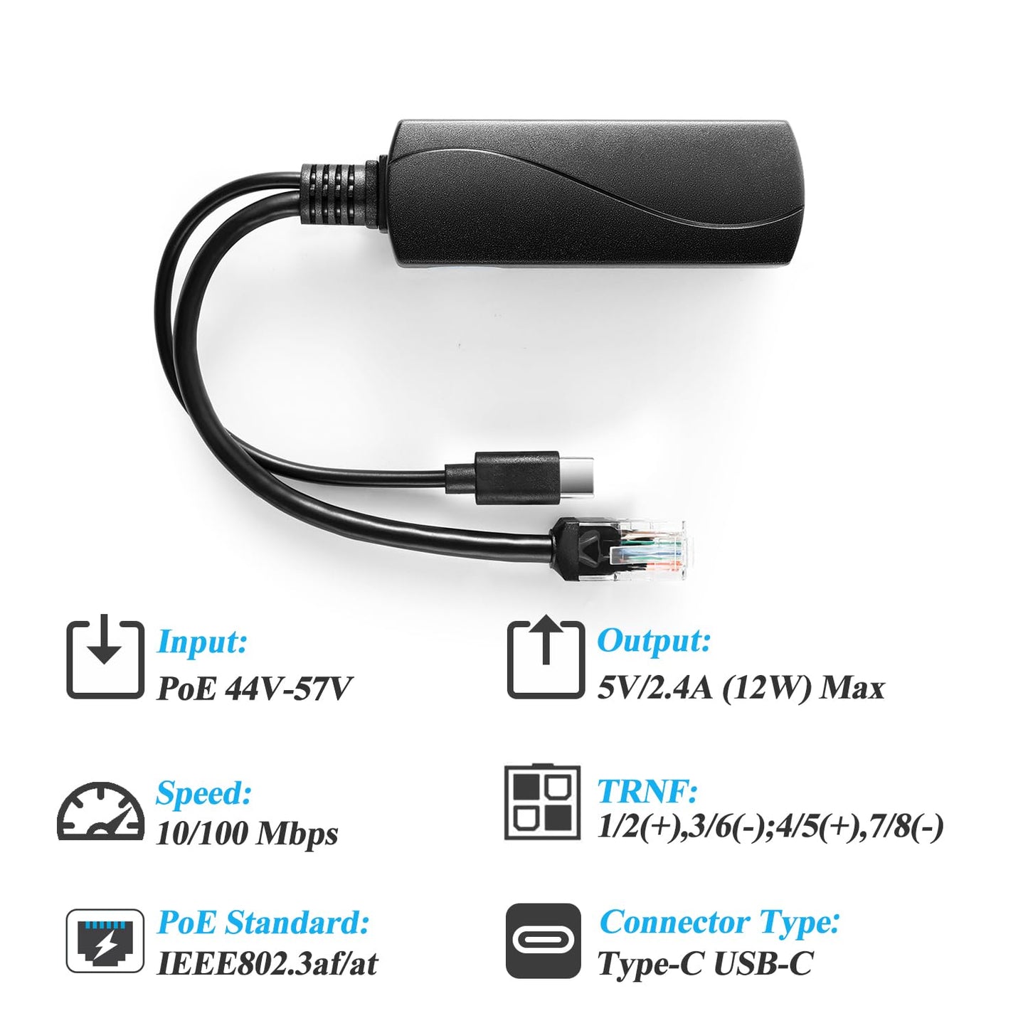 Type C PoE Splitter - 5V 2.4A Output, IEEE 802.3af Standard, 10/100Mbps for Type C to RJ45 Port Power Over Ethernet Adapter (TYPEC0502 Black)
