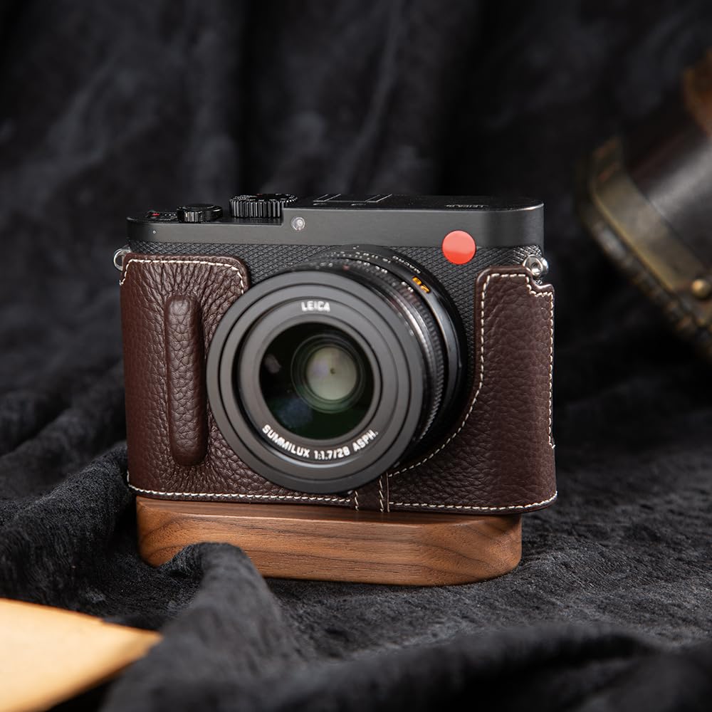 DBZZ Vintage Genuine Leather Camera Case?Half-Wrap Camera Protector For Leica Q (Mocha-white line)