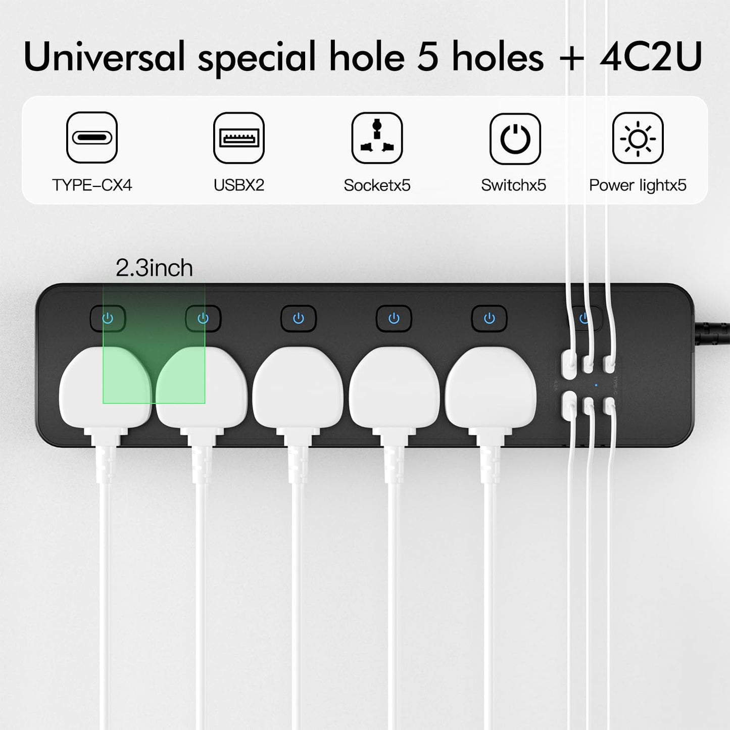 Universal Power Strip with USB Ports, Individual Swtich, 6ft Power Cord, 5 Universal AC Outlets, 4USB C and 2USB (5V/4.2A), Max 3000w, 110-240V, Child