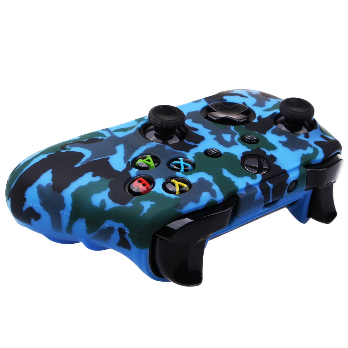YoRHa Water Transfer Printing Camouflage Silicone Cover Skin Case for Microsoft Xbox One X & Xbox One S Controller x 2(red&Blue) with PRO Thumb Grips