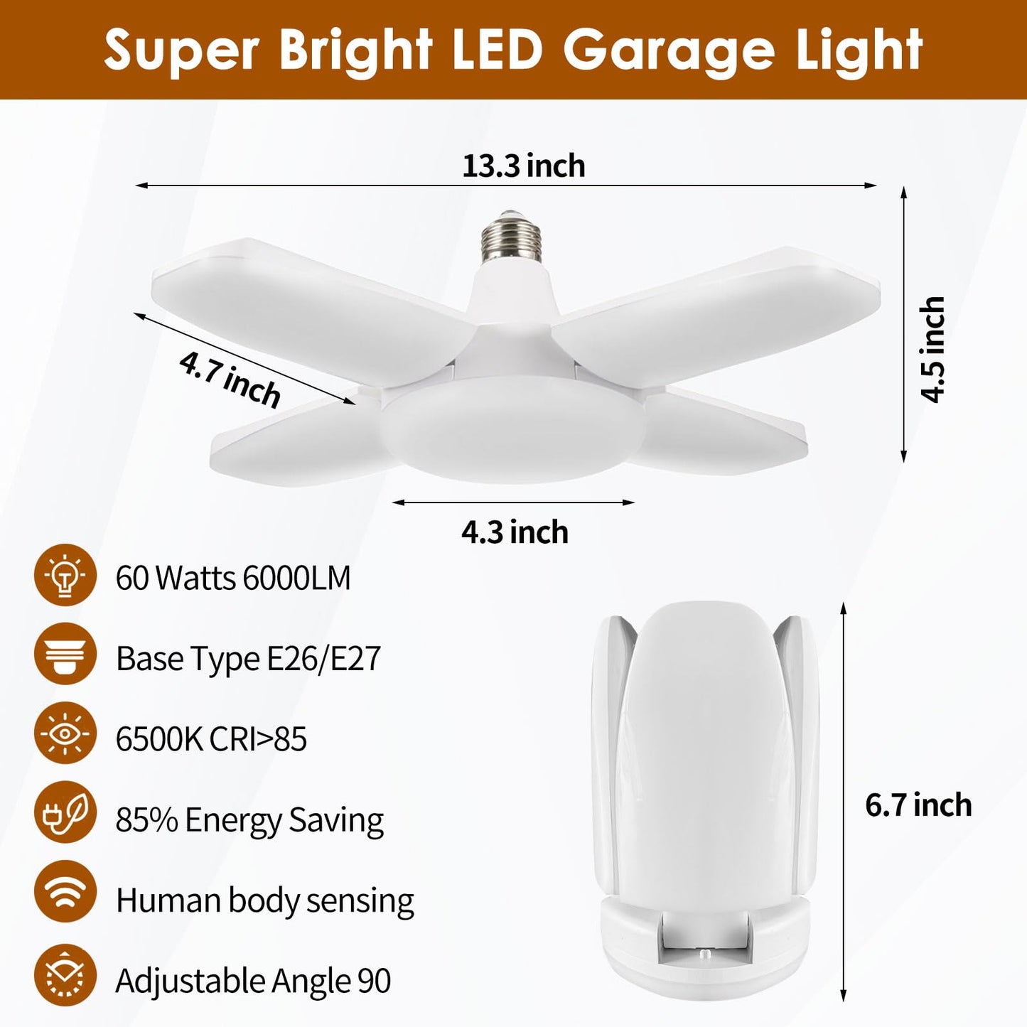 YWD Motion Sensor Garage Light, E26/E27 Screw-in Ceiling Mount LED Motion Activated Light for Garage/Shop/Porch - 60W 6000LM 6500K