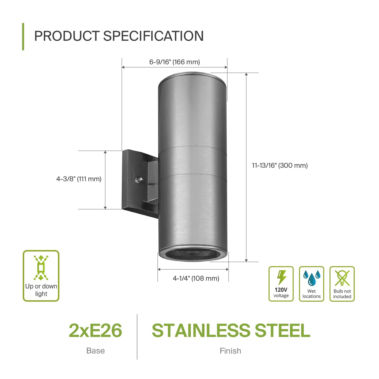 ASD 2 Light Exterior Lighting Fixtures - 120W E26 Cylinder Up and Down Modern Steel Outdoor Wall Light, LED CFL Incandescent Bulb Patio Wall Light