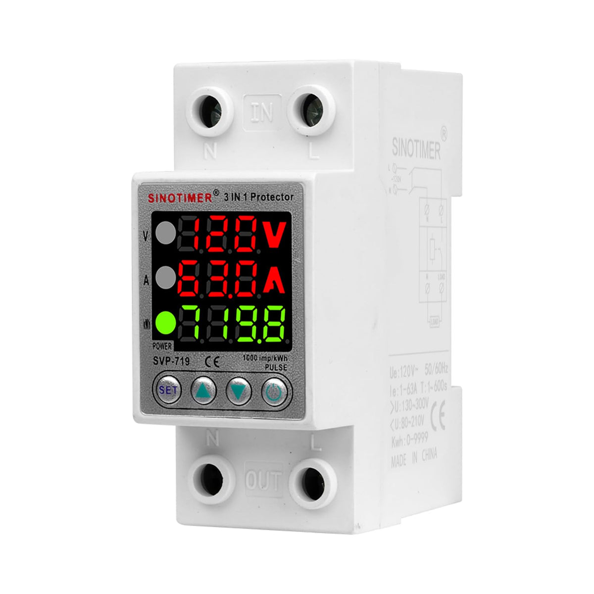 SINOTIMER SVP719 3 LED Display 120VAC 63A Adjustable Voltage Surge Protector Relay with Limit Current Protection, Single Phase Low Voltage Monitor