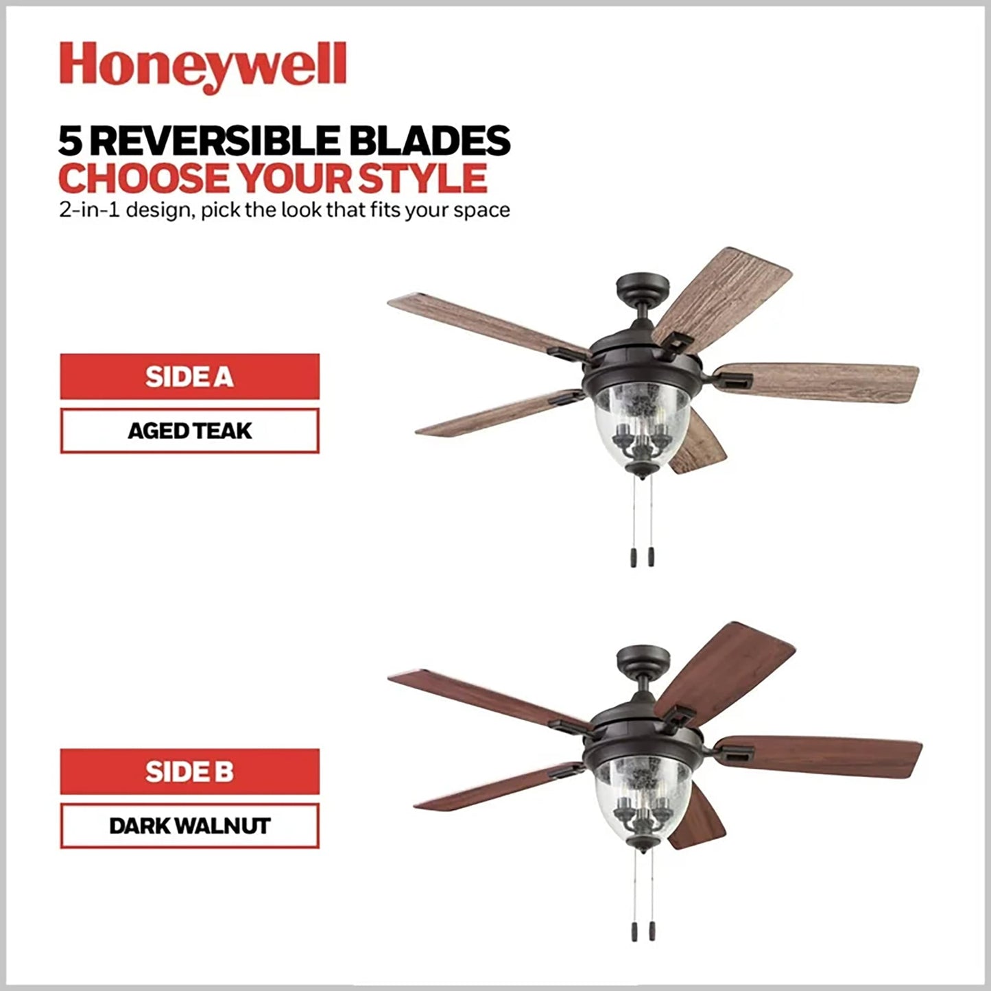 Honeywell Ceiling Fans Glencrest, 52 Inch Indoor Outdoor LED Ceiling Fan with Light, Pull Chain, Dual Mounting Options, ETL Damp Rated, Dual Finish