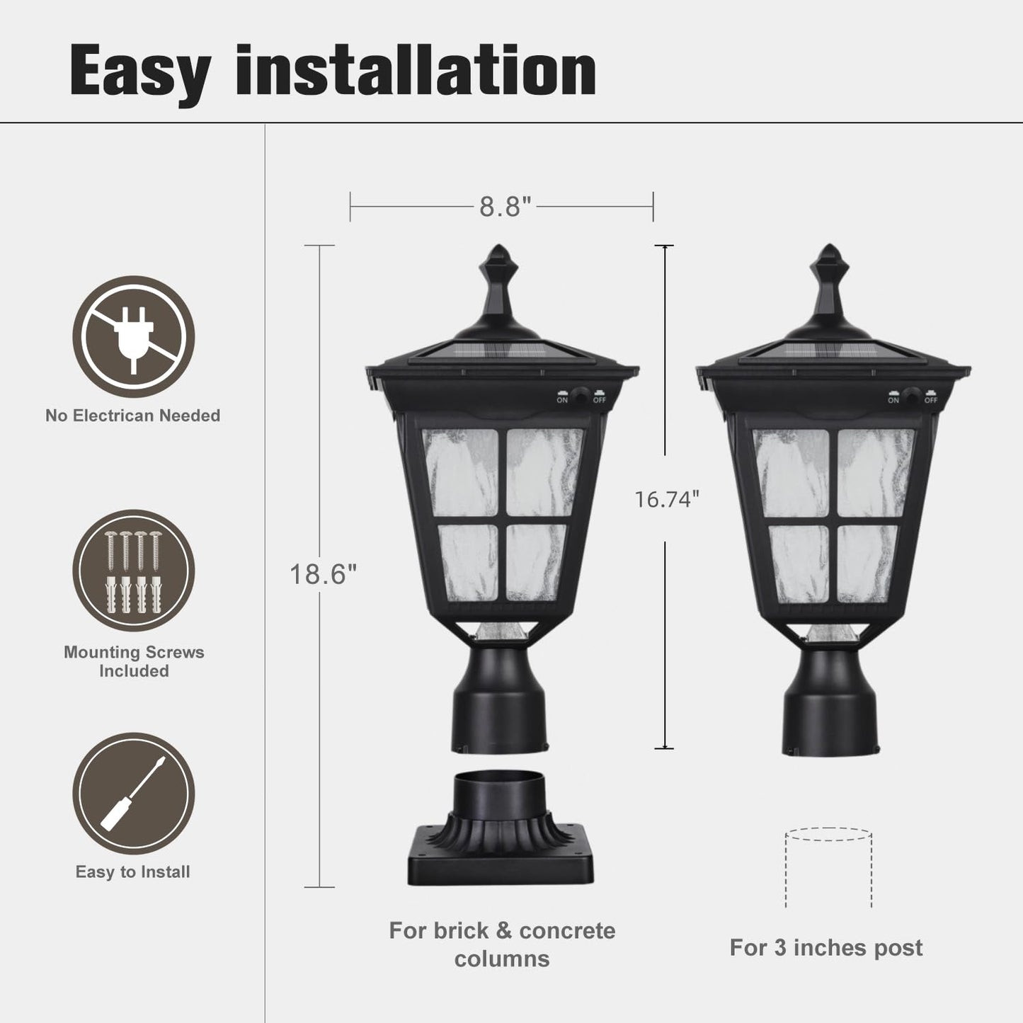 Kemeco Solar Lamp Post Light, Cast Aluminium Waterproof LED with Glass Outdoor Dusk to Dawn Solar Post Light ST4311AQ for Pier Mount Pillar Gates