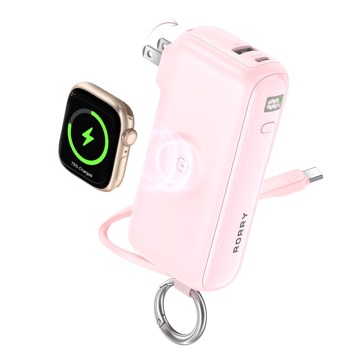 RORRY Flow Portable Charger, 10000mAh 40W Fast Charging Power Bank with Built-in USB C Cable and Foldable Wall Plug, Battery Pack Travel Essentials
