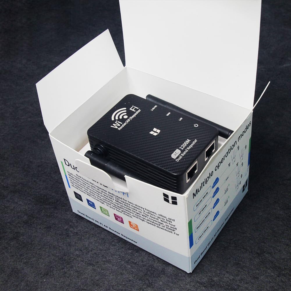Fangweida Dual Band WiFi Repeater, 1200M Router with 4 Antennas, Carbon Fiber Design, Black