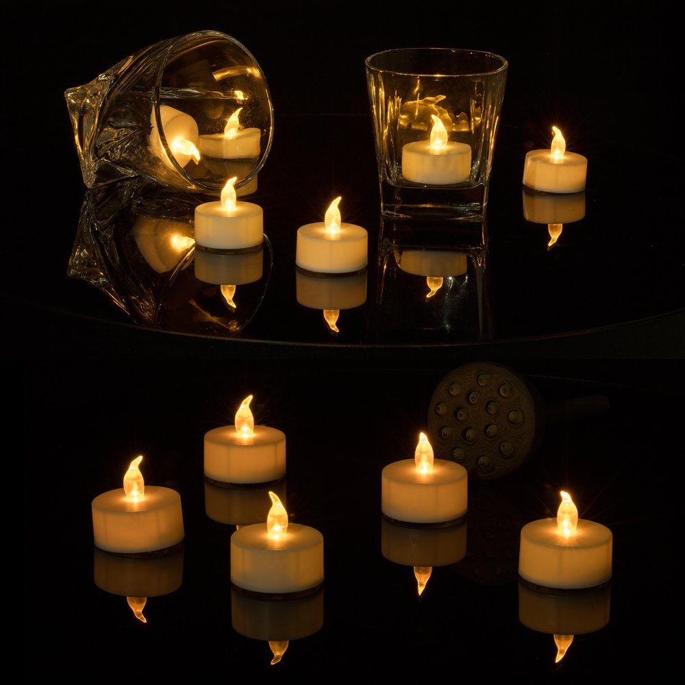WZCHEN Realistic Bright Flameless LED Tea Light Candles, Bright, Flickering, Battery Powered Fake Candles, Unscented Tea Lights, Pack of 24