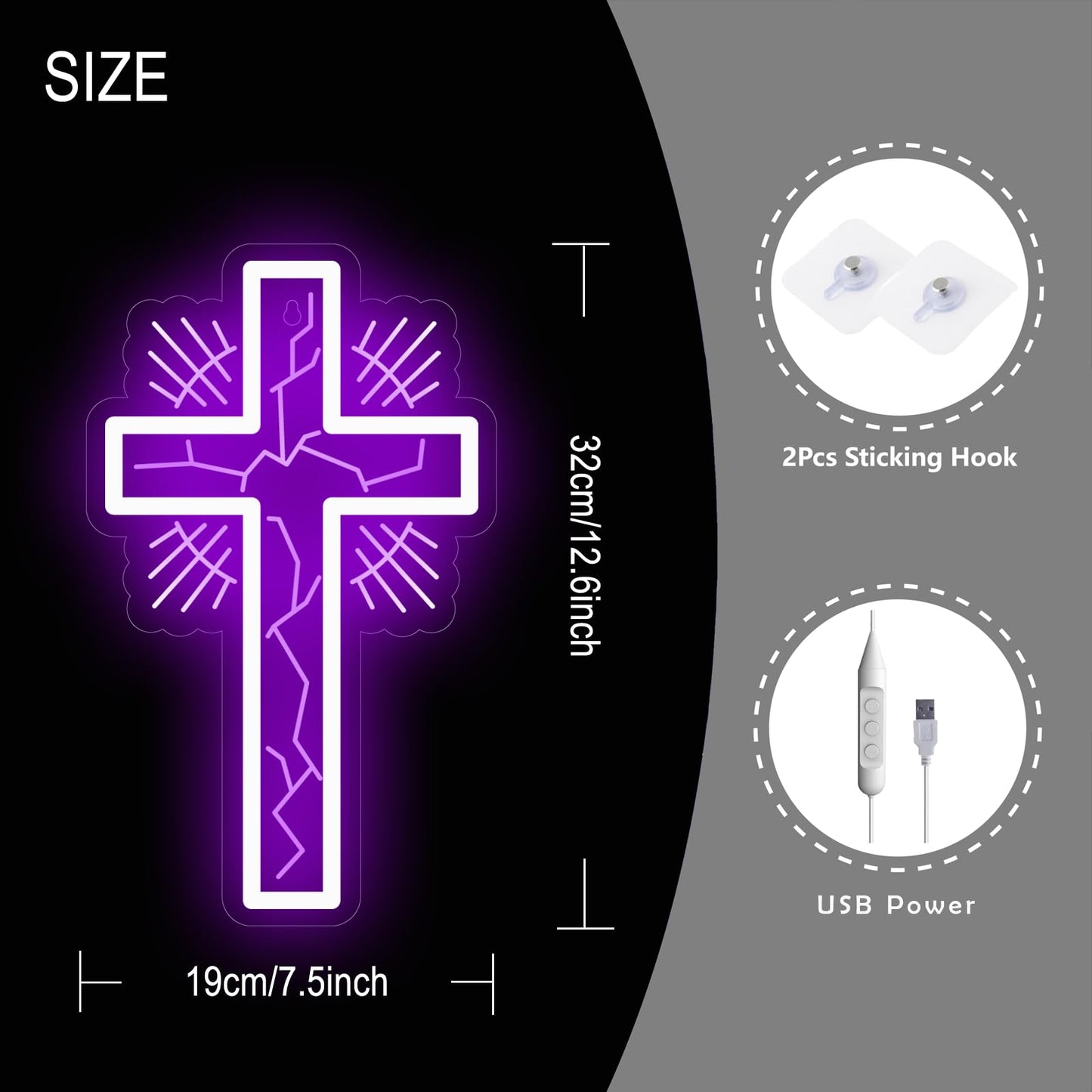 Purple Cross Neon Light LED Sign for Wall Decor - Christian Religious Art for Bedroom, Church, Prayer Room - Acrylic Neon Lamp for Baptism, Easter