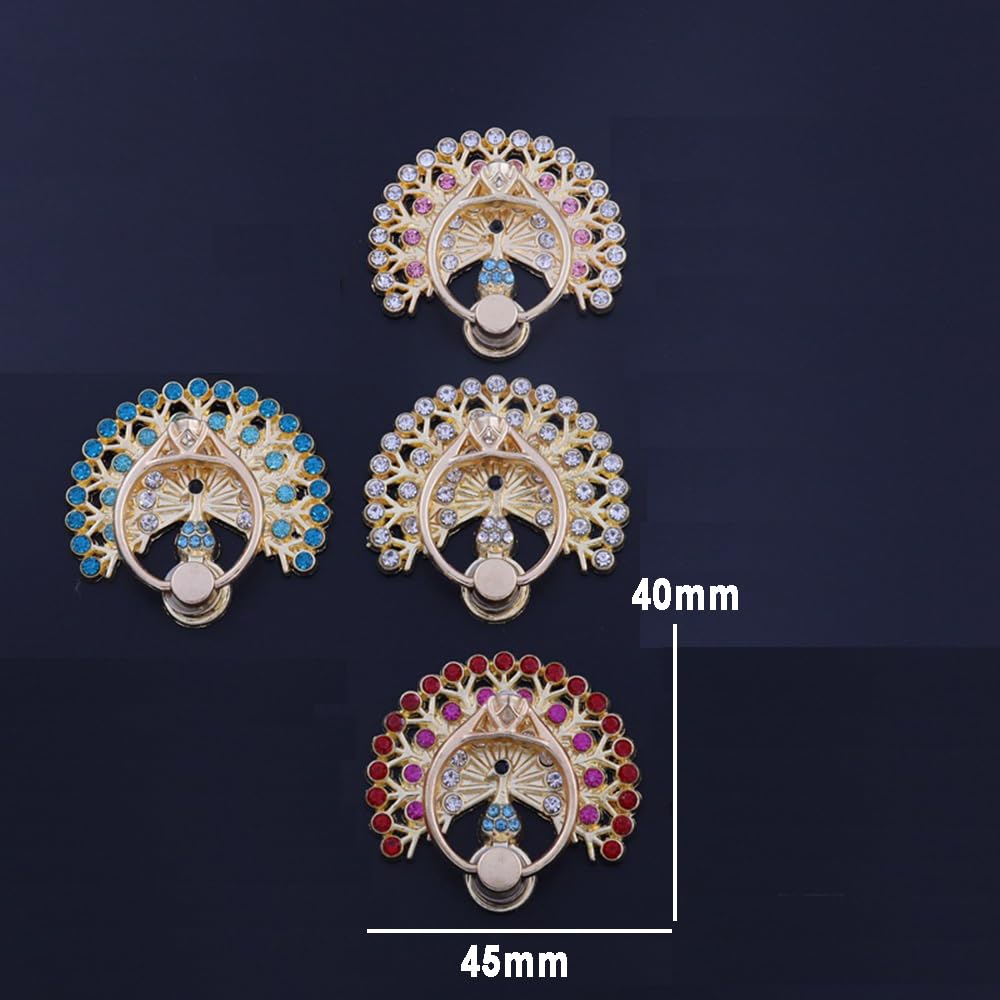 4 Pack Fashion Cell Phone Grip Rings Metal Gold Sparkly Rhinestone Decals and Stickers, Womens Colorful Crystal Peacock Finger Ring Rotatable
