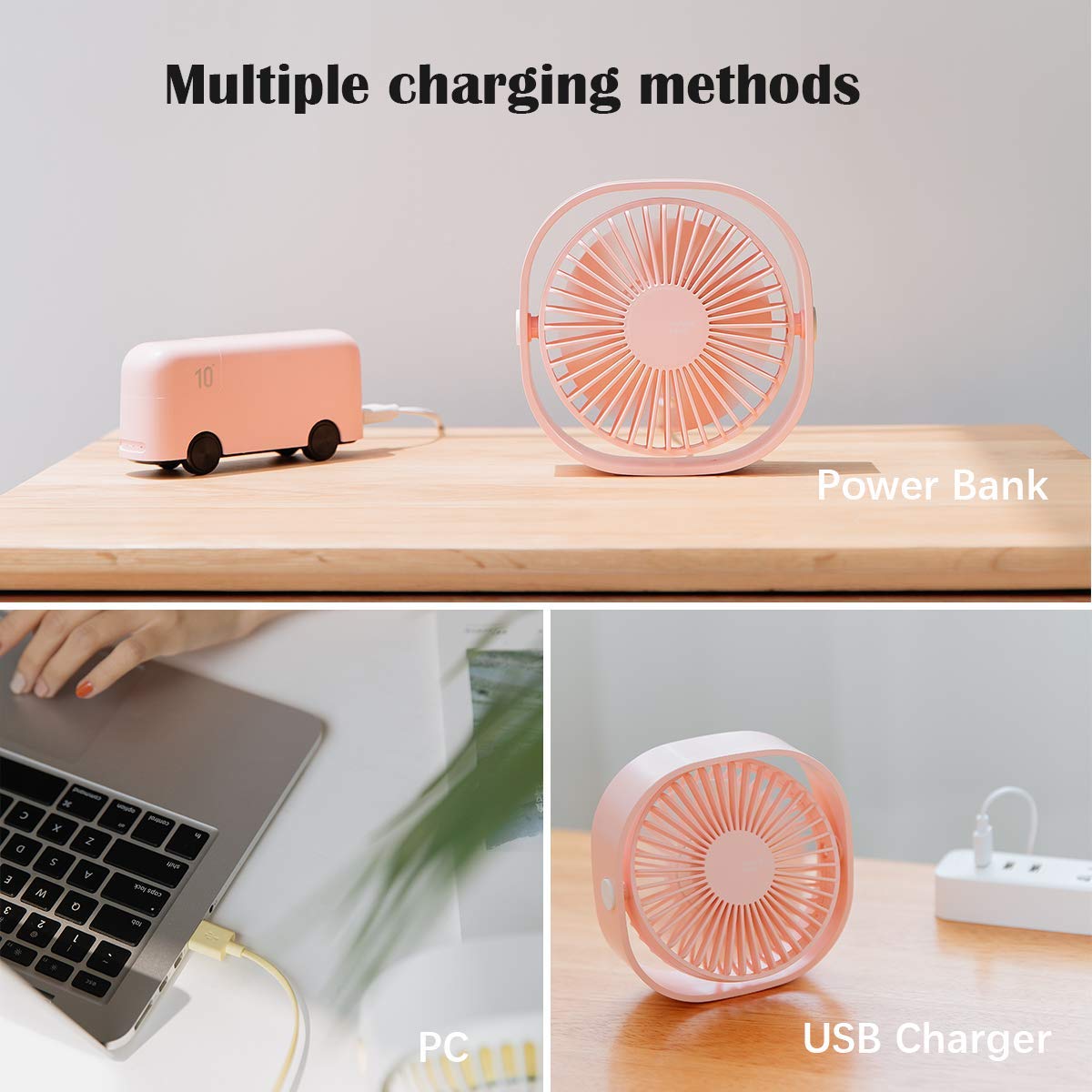 Small USB Desk Fan 3 Speeds Table Cooling Fan 360° Rotatable Untral Quiet for Home Ofiice Laptop (Pink)