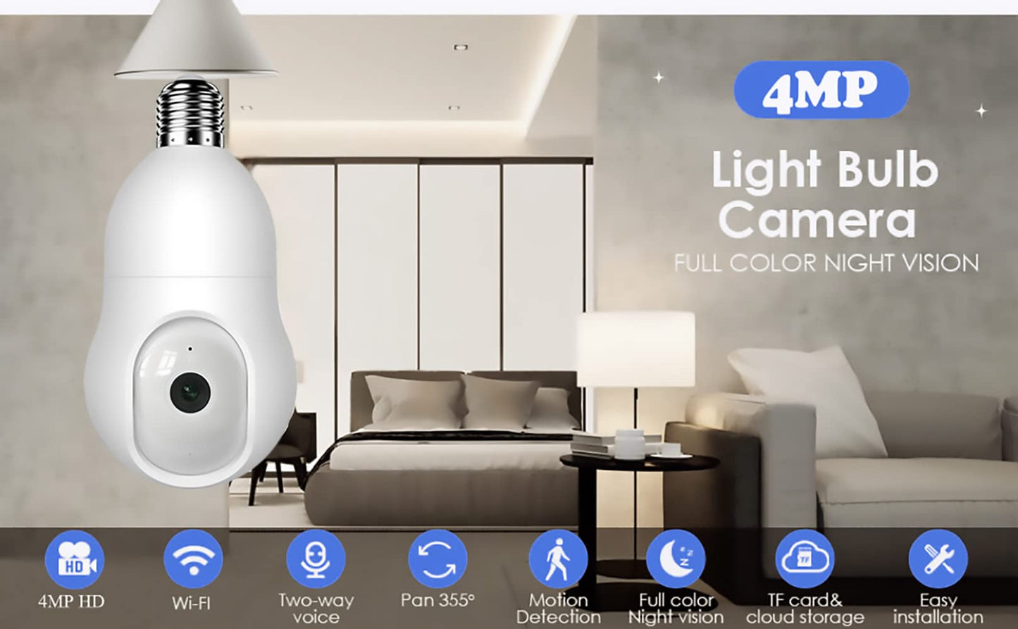 NU-SET Light Bulb Camera, Smart WiFi Home Security Camera with Pan-Tilt Panoramic View, 4MP, White