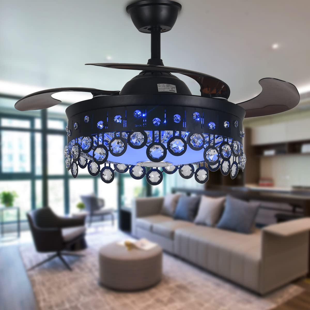 mfanchan 42 Inch Retractable Fan Ceiling Light, Fan Fandelier with Speaker