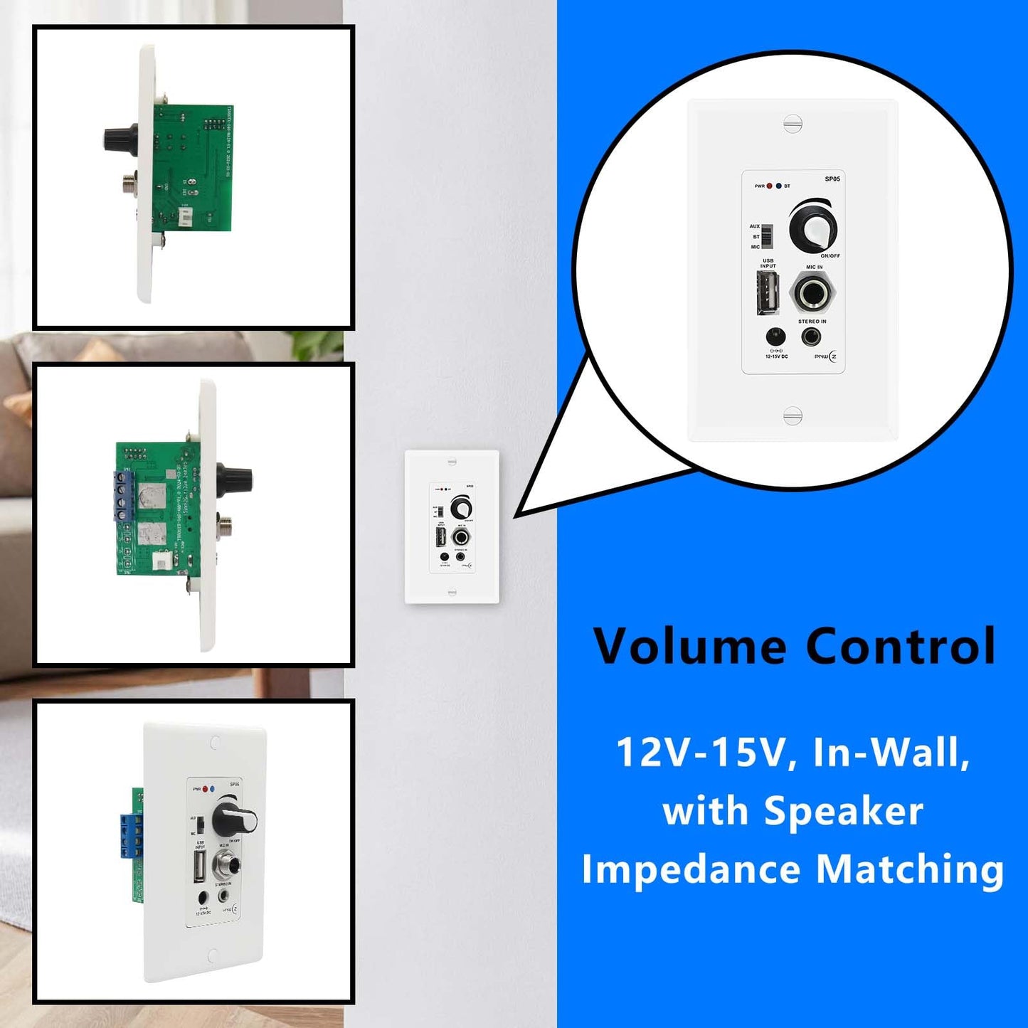 PNWCZ in Wall Audio Control Amplifier Receiver Compatible with Bluetooth 2 Channel Wall Plate with USB Microphone Aux (3.5mm) Input 120W for Sound