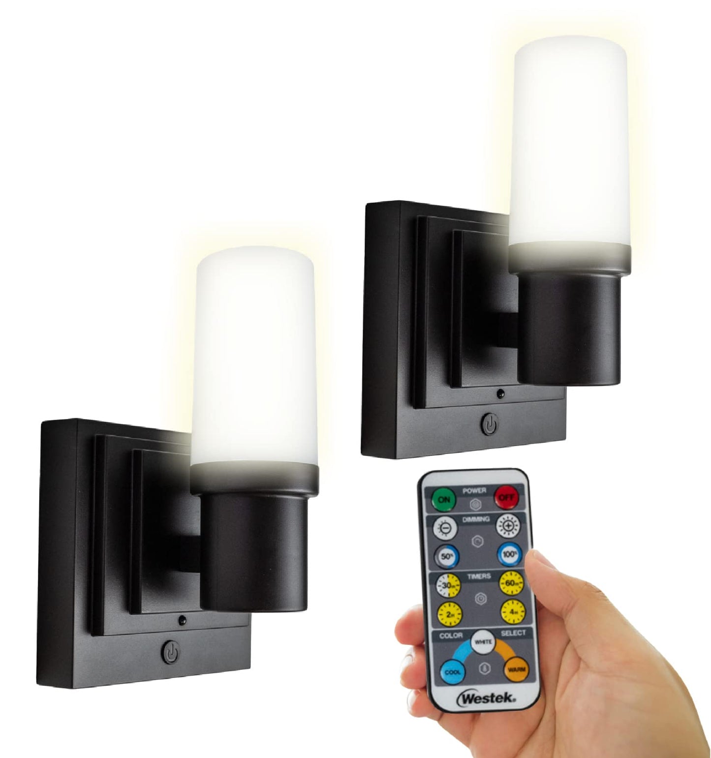 Westek Battery Operated Wall Sconce with Remote, 2 Pack Plastic Wireless Battery Wall Light, Easy No Wire Install 160 Lumens, 4 Hour Auto Shut-Off