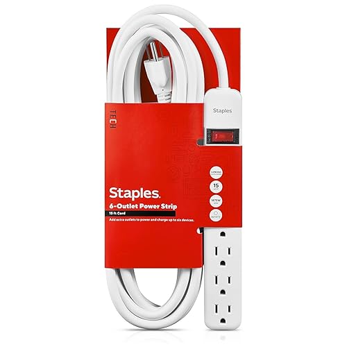 Staples TECH 6?Outlet Power Strip - 15 ft. Extension Cord for Home, Office & Dorm Room Use, White