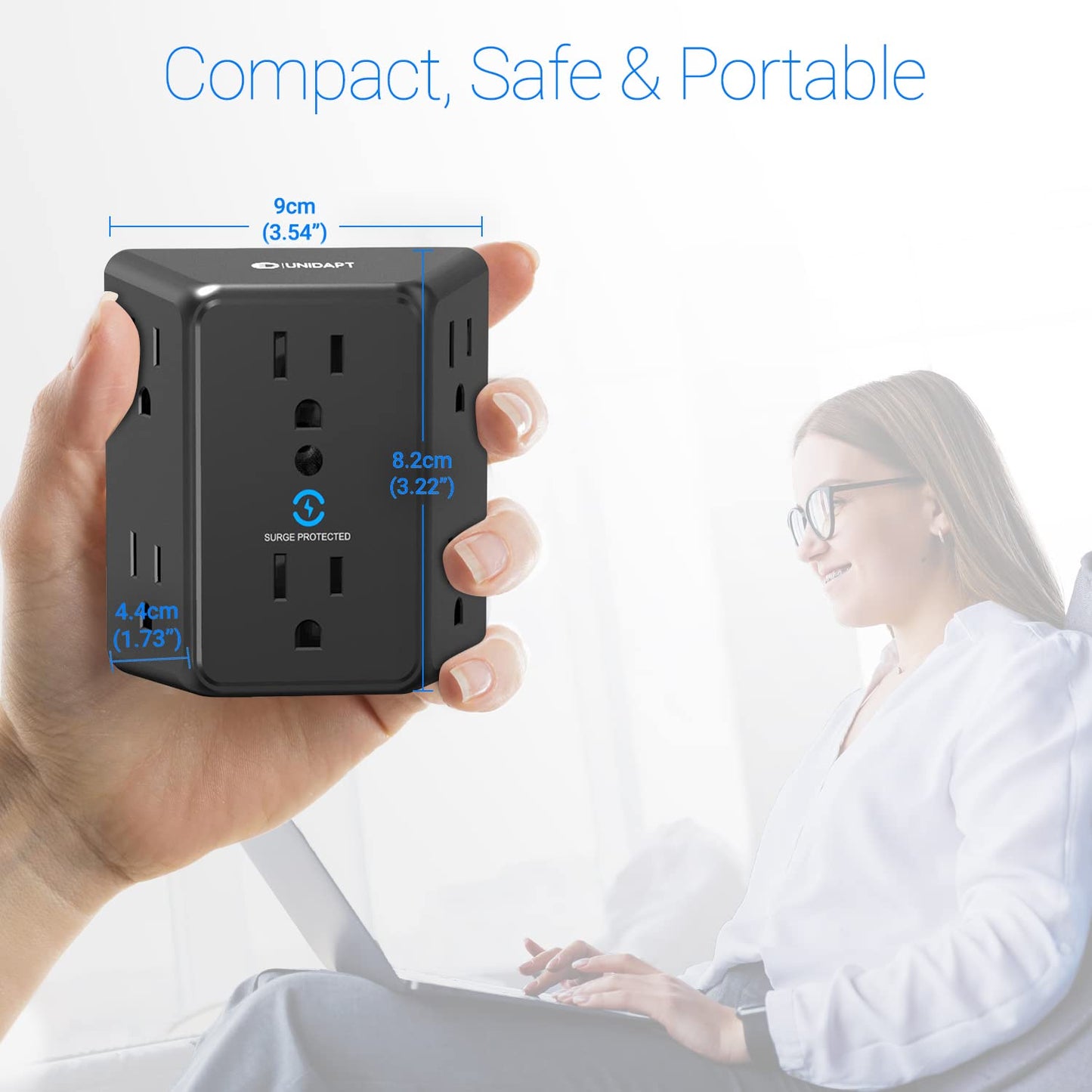 Multi Plug 6 Outlet Extender, Unidapt Black Surge Protector Wall Splitter, 900J Power Strip 3 Side Wide Spaced Adapter Multiple Charger Expander