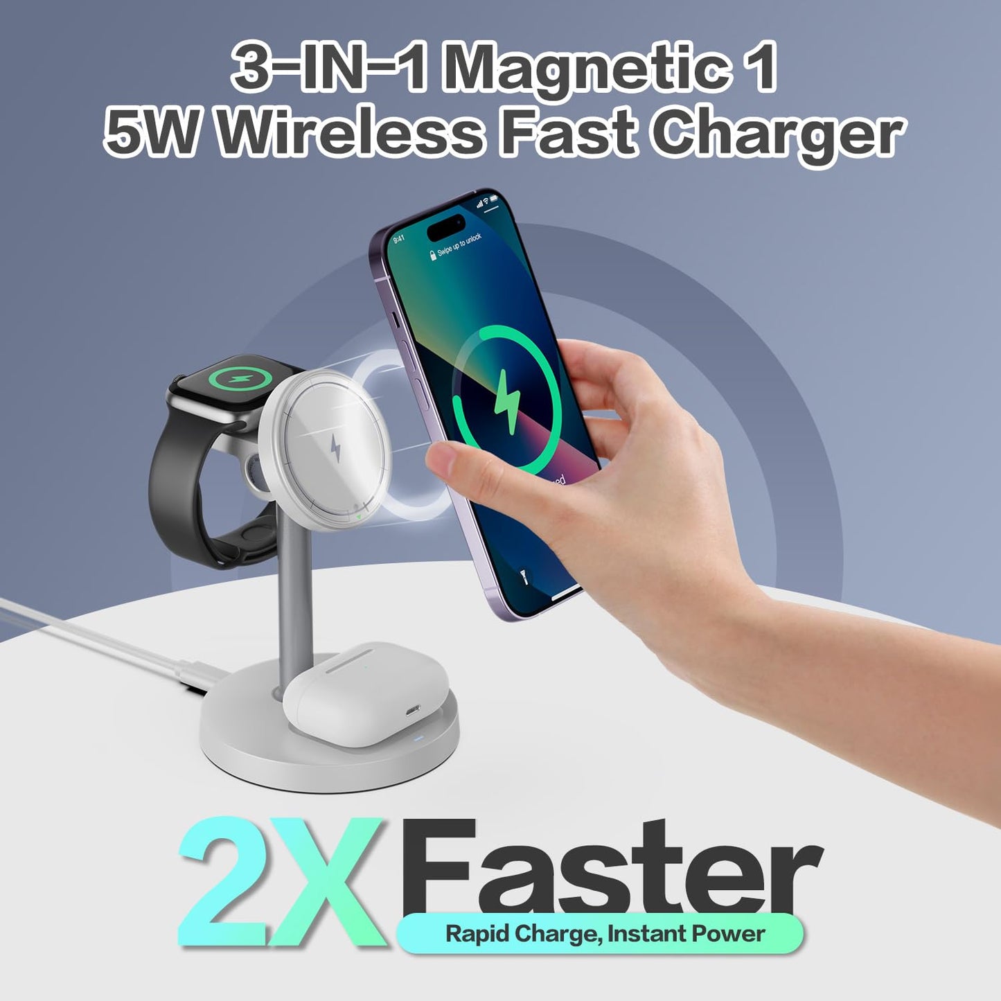 3 in 1 Wireless Charging Station Compatible with MagSafe, 15W Fast Charging Magnetic Mag-Safe Charger Stand for Apple iPhone 17 16 15 14 13 12Series