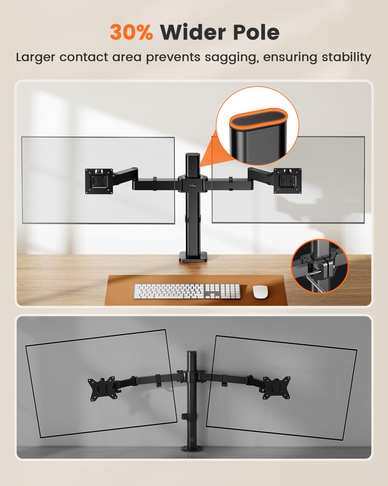 ErGear Dual Monitor Stand for 17-32 inch, Dual Monitor Mount with Adjustable Tilt, Swivel, Rotation, Tiered Arms for Extra Height, Supports 22 lbs per