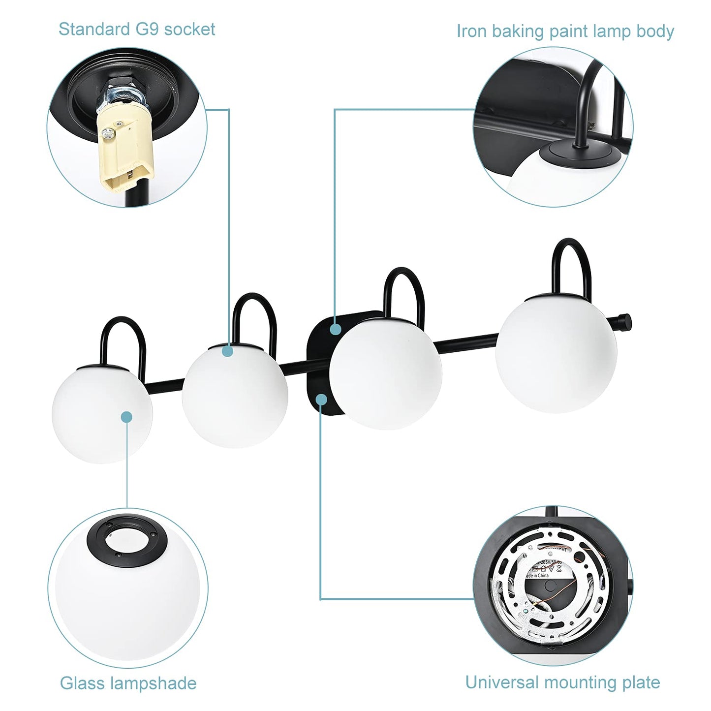 ZHUOER Vintage Bathroom Light Fixtures 4-Lights Black Mid Century Vanity Lights with Milk White Glass Globe Shade Vintage Wall Sconces Lighting Bath