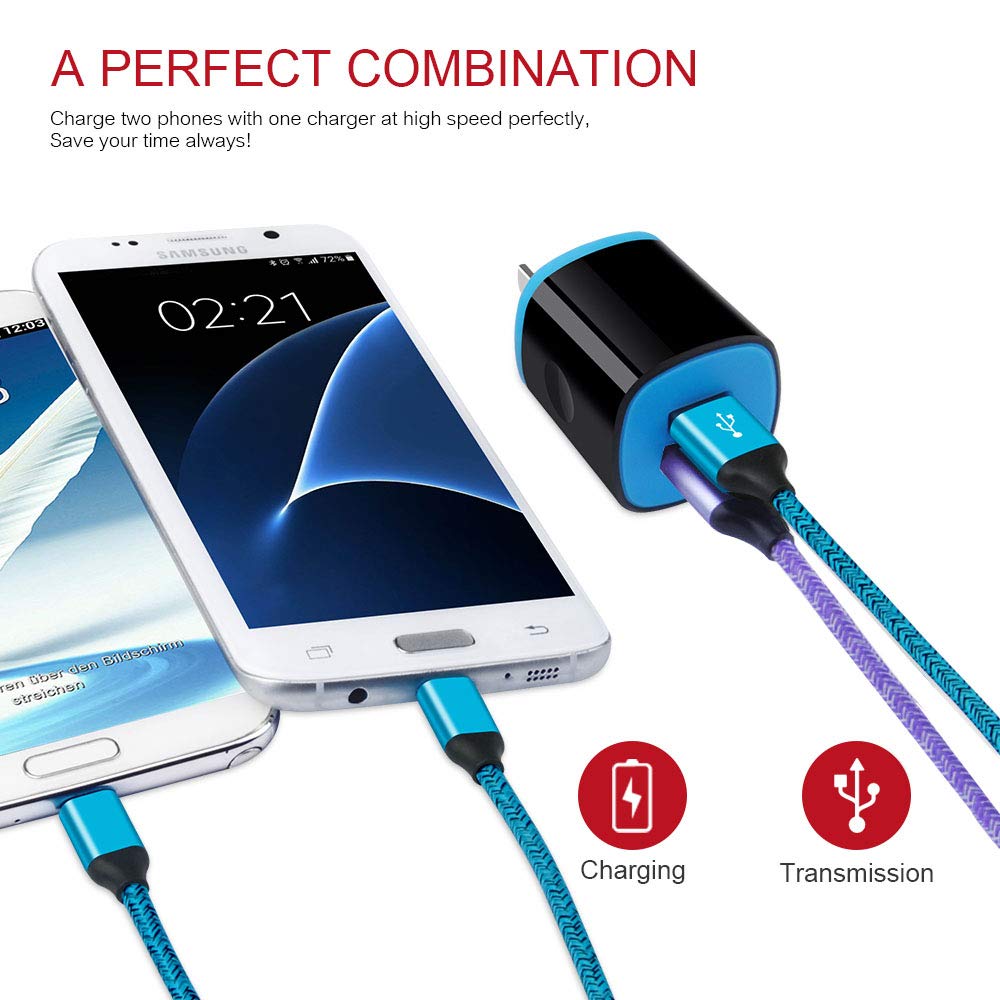 Android Charger Micro USB Cable 2 Pack 6ft Long Braided Cords Fast Charging Compatible for Samsung Galaxy S7 S6 Edge/Active, J8 J7 J3 V, Moto E5 G5 G6