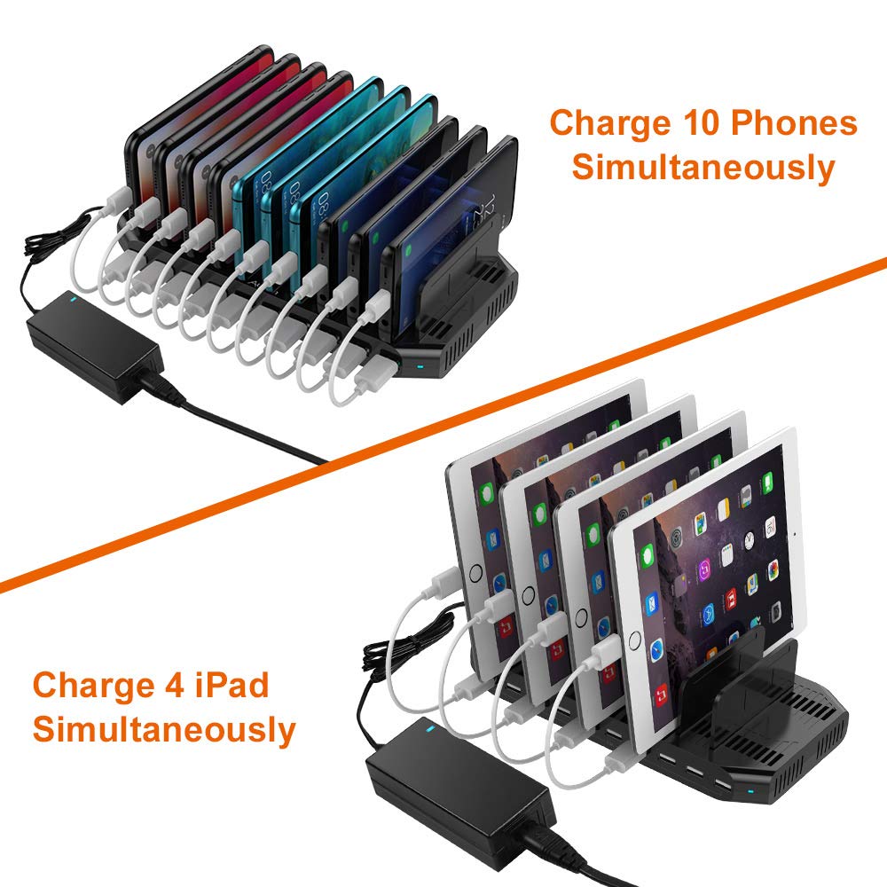 Alxum 60W 10 Port USB Charging Station Multiple Charger Station, USB Organizer Stand for iPad, iPhone Xs Max, X, 8 Plus, Samsung Galaxy, Google Pixel