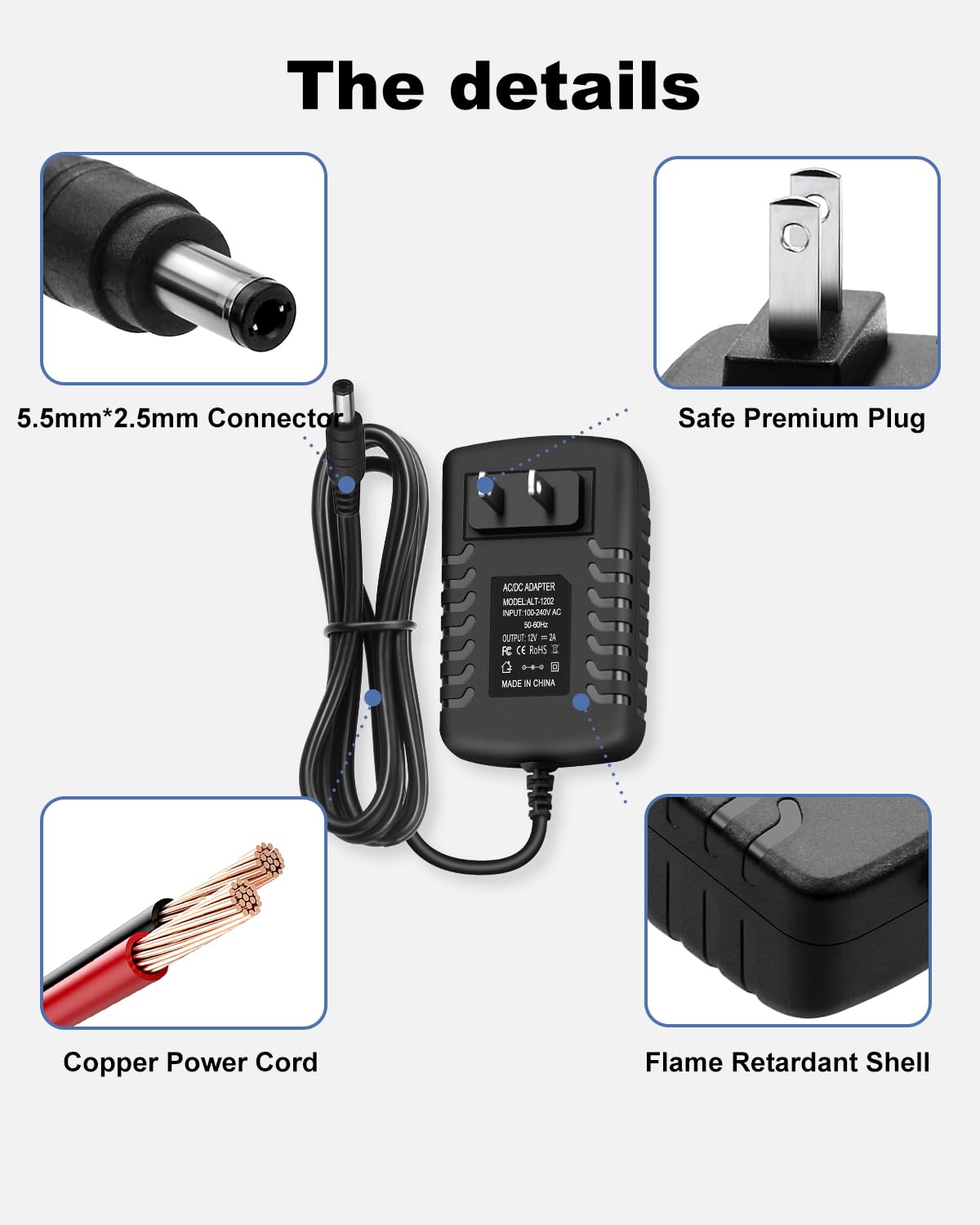 12V 2A DC Power Supply Adapter, AC 100-240V 50-60Hz to 12 Volts 2 Amps, Power Cord with 5.5mm x 2.5mm Barrel Jack, Tip Center Positive
