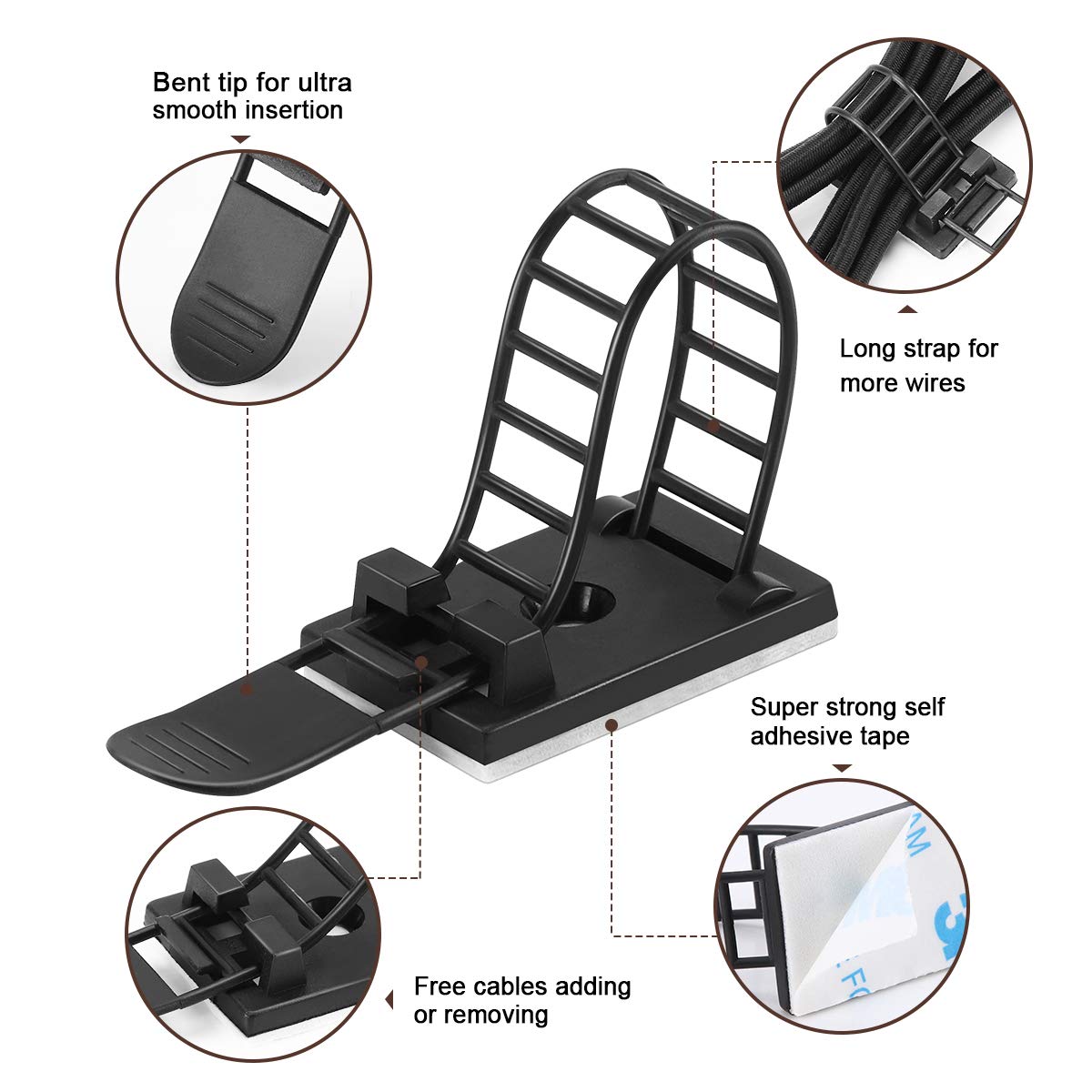 50Pcs Adhesive Cable Management Clips with 50Pcs Zip Ties, Adjustable Nylon Cable Strap Ties Wire Clips Clamps Organizer with Strong Adhesive Tape