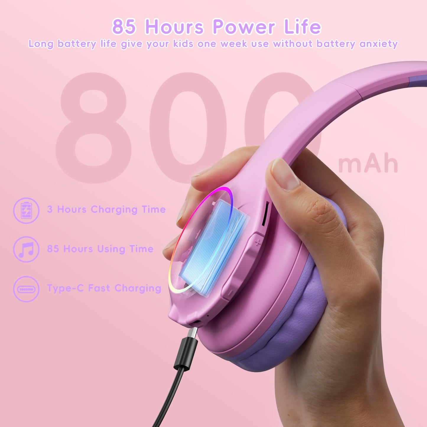 2024 Bluetooth Kids Headphones Fit for Aged 3-21, Colorful LED Lights Comfort Wireless Headphones with Microphone 94dB Volume Limited…