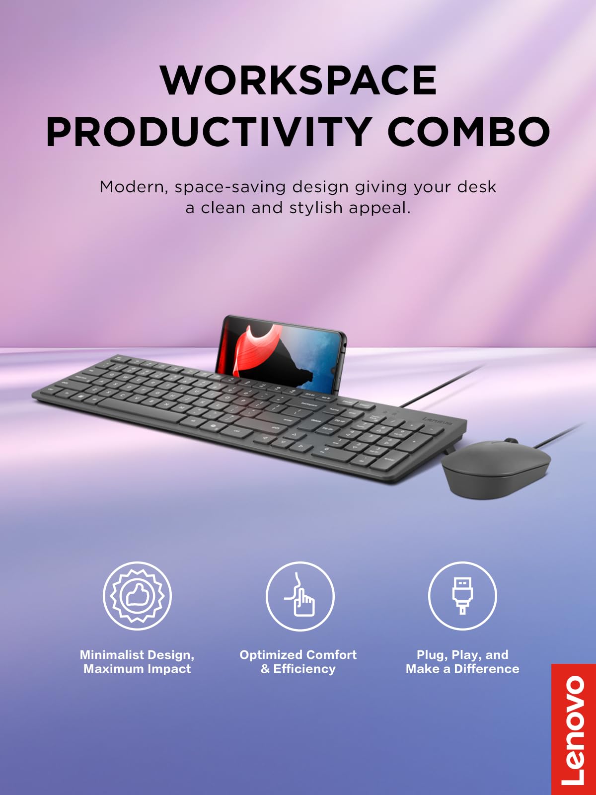 Lenovo 310 USB-A Wired Keyboard Mouse Combo, Quiet Keys, Ultra-Slim Gaming Design, Spill-Resistant, Integrated Phone Stand, Compatible w Laptop, PC