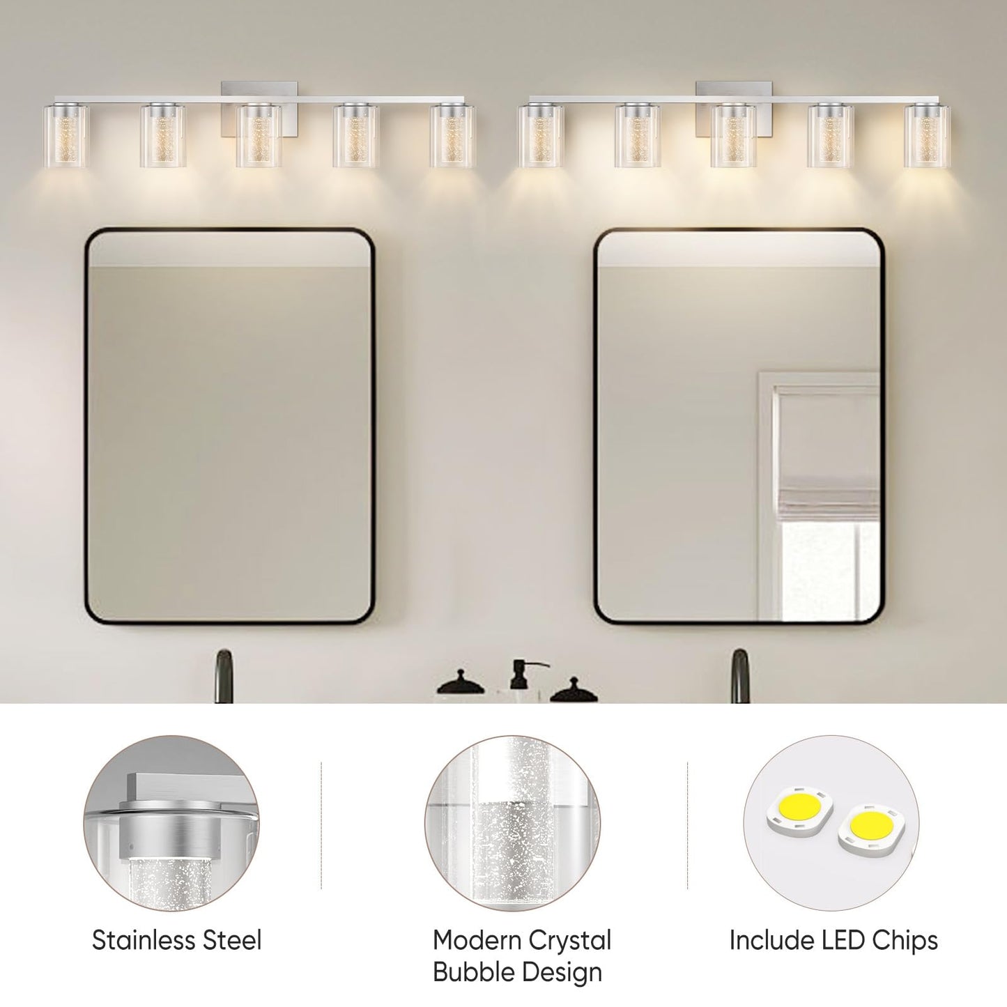 LED Modern Bathroom Light Fixtures Over Mirror, 5-Light Brushed Nickel Vanity Lights with 5 Color Modes, Dimmable Bathroom Vanity Light with Crystal