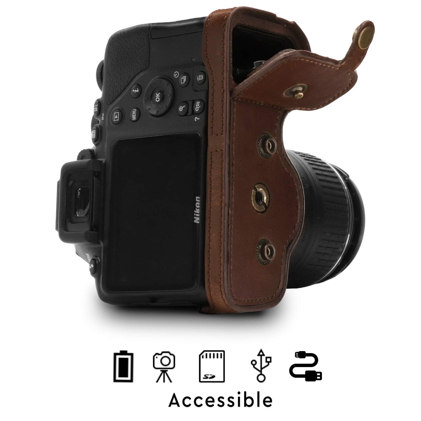 Megagear MG1536 Nikon D3500 Ever Ready Leather Camera Case and Strap - Dark Brown