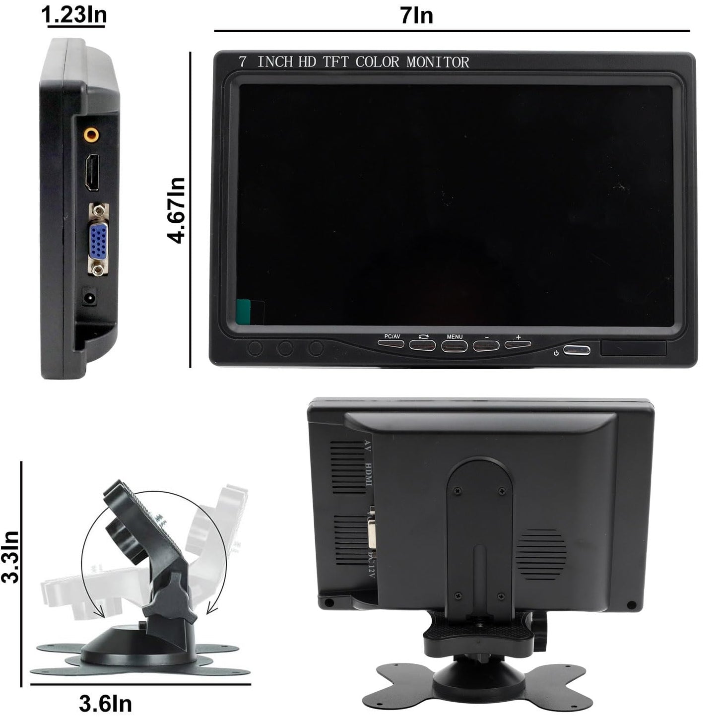 Vanxse 7 inch Small HDMI Monitor 1024x600 Resolution Small 1080P Portable IPS Monitor with Built-in Speakers HDMI VGA AV Input for Gaming CCTV